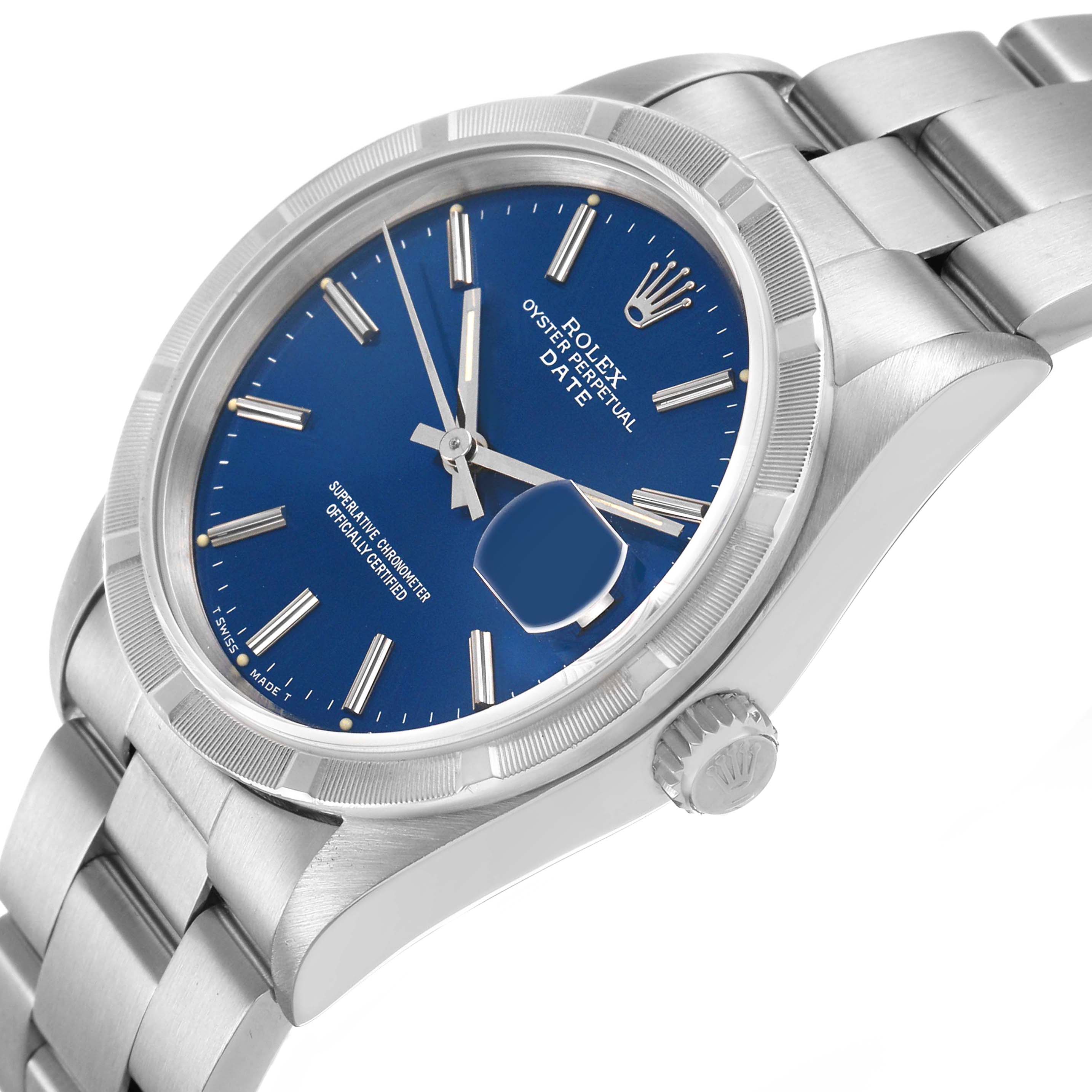 The Rolex Date 15210 Men's Stainless Steel Blue Dial model watch is shown at an angled side view, displaying the blue dial, case, and part of the bracelet.