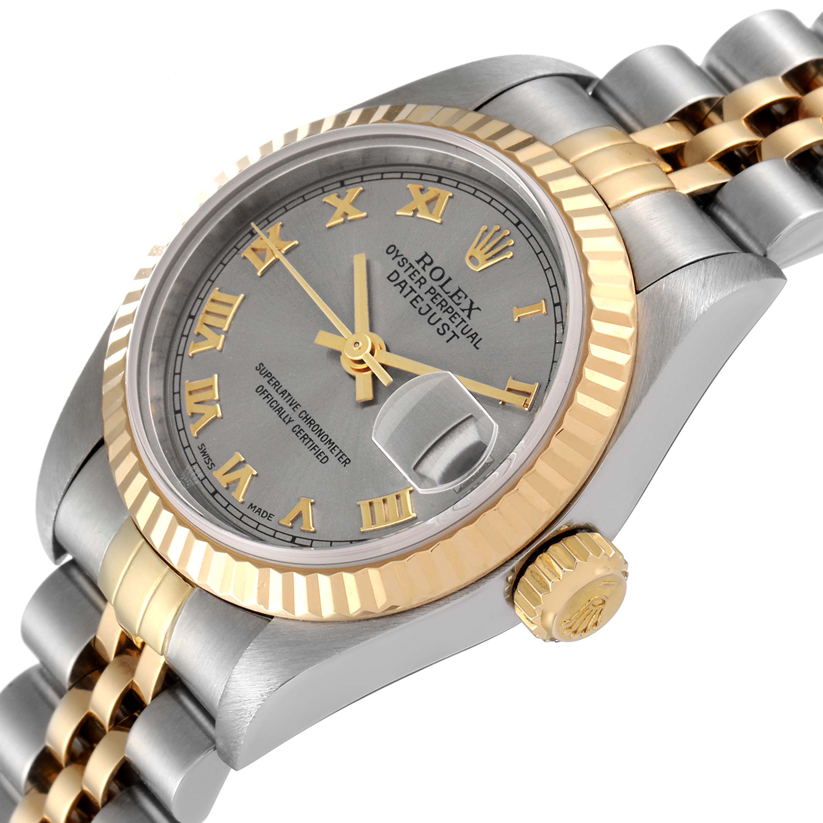 The Rolex Datejust 79173 Women
s Steel and Gold (two tone) Grey Dial 79173 Women
s Steel and Gold (two tone) Grey Dial watch is shown at an angled close-up, displaying the dial, crown, bezel, and part of the bracelet.