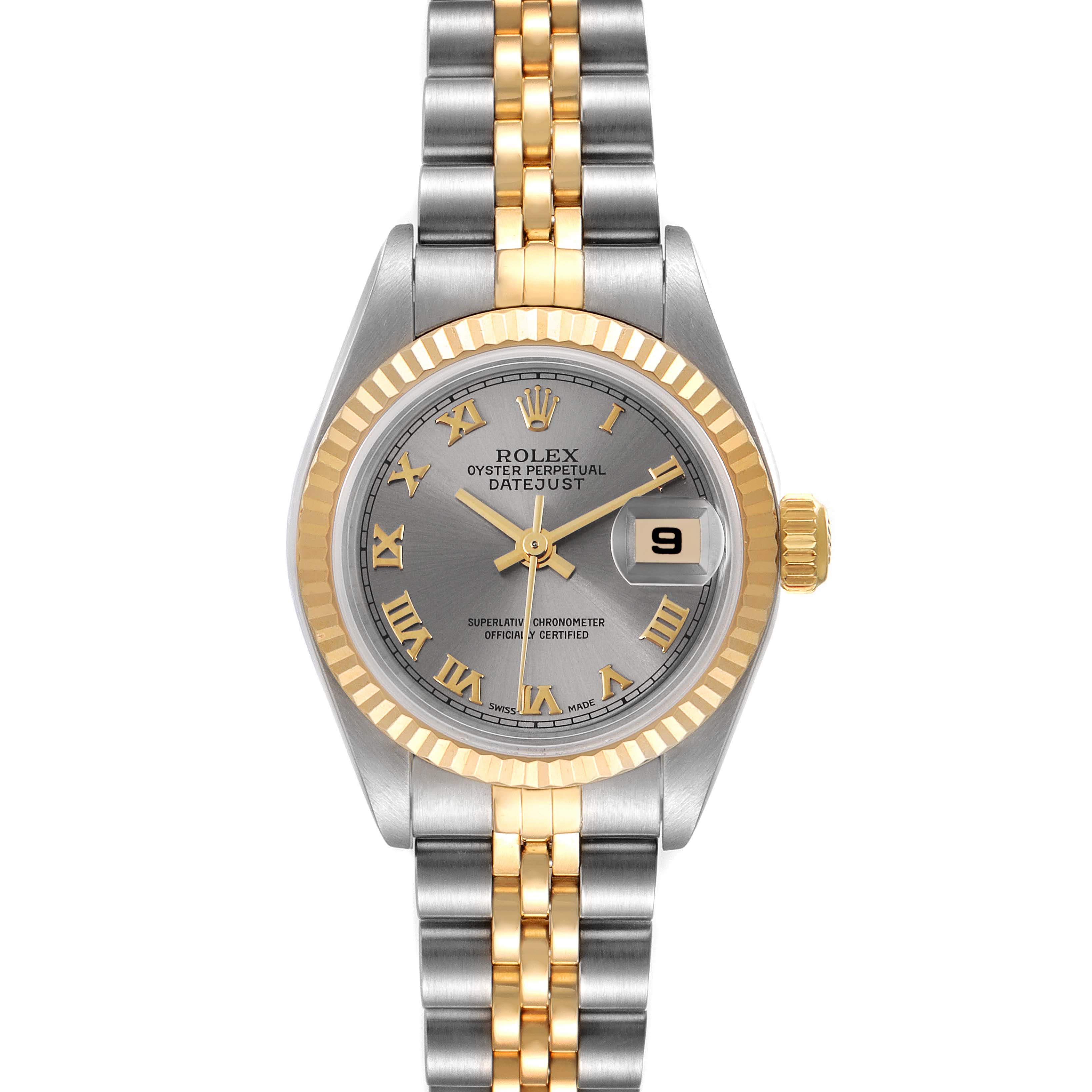 This image shows a front view of the Rolex Datejust 79173 Women
s Steel and Gold (two tone) Grey Dial 79173 Women
s Steel and Gold (two tone) Grey Dial watch, displaying the dial, bezel, bracelet, and date window.