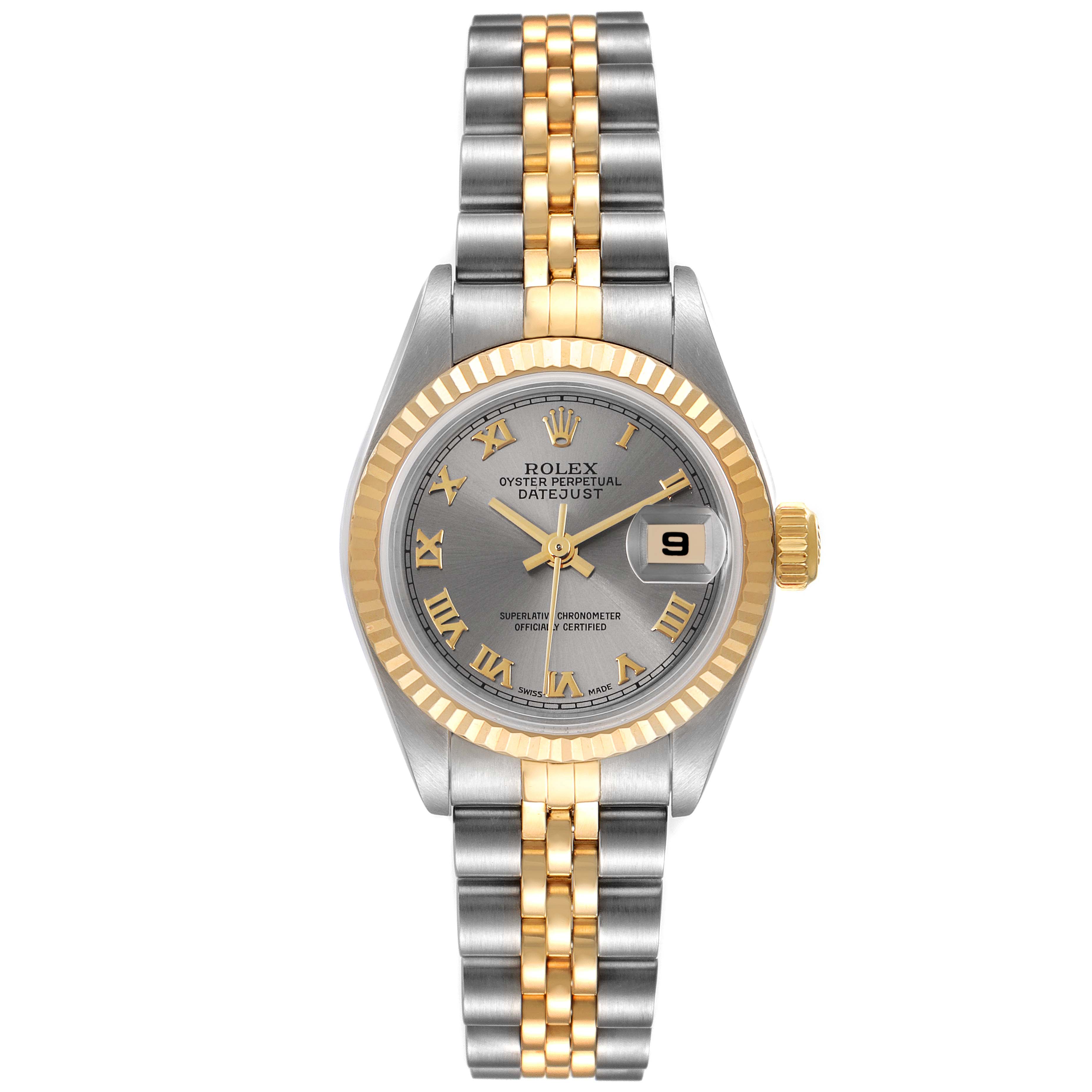 The image shows the Rolex Datejust 79173 Women
s Steel and Gold (two tone) Grey Dial 79173 Women
s Steel and Gold (two tone) Grey Dial watch from a top-down angle, displaying its face, bezel, and bracelet.