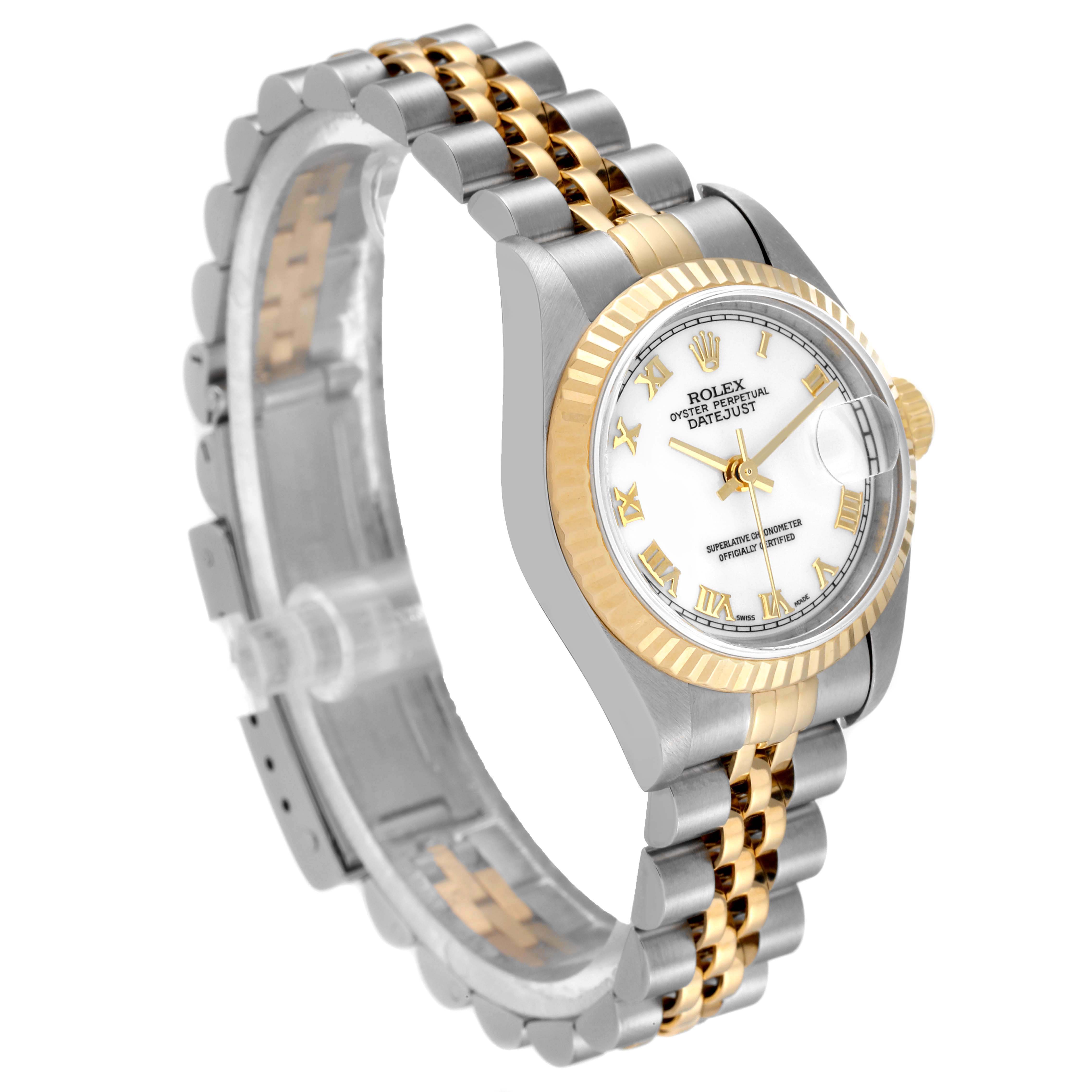 The image shows a side view of a Rolex Datejust 79173 Women
s Steel and Gold (two tone) White Dial 79173 Women
s Steel and Gold (two tone) White Dial watch, highlighting the face, bezel, and two-tone bracelet.