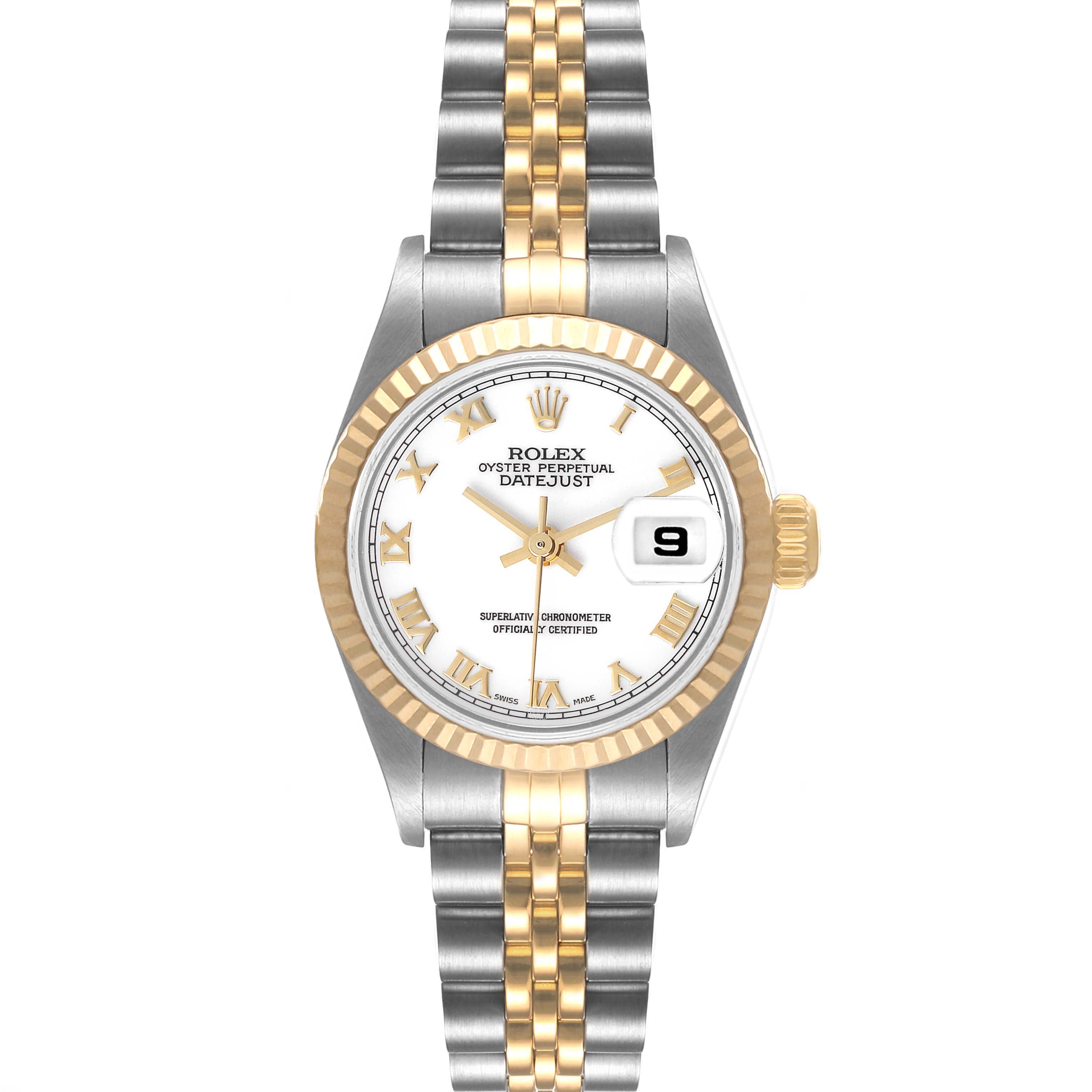 This image shows a front view of a Rolex Datejust 79173 Women
s Steel and Gold (two tone) White Dial 79173 Women
s Steel and Gold (two tone) White Dial, highlighting the dial, hands, date window, bezel, and bracelet.