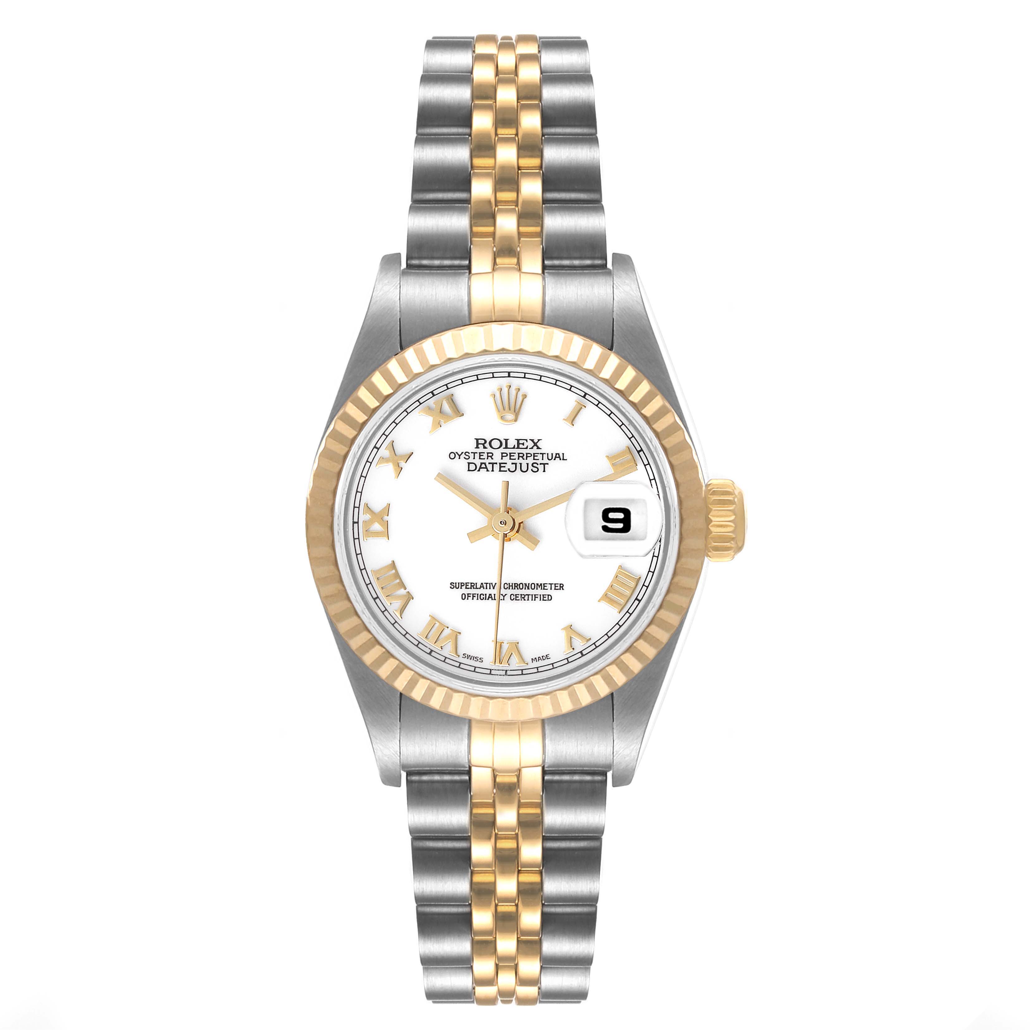 The Rolex Datejust 79173 Women
s Steel and Gold (two tone) White Dial 79173 Women
s Steel and Gold (two tone) White Dial watch is shown from a front angle, displaying the face, bezel, and part of the two-tone bracelet.