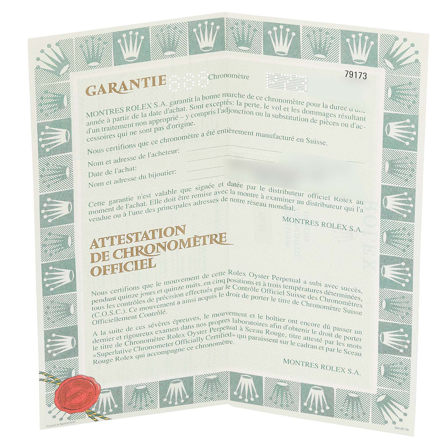 The image shows the warranty and official chronometer certification of a Rolex Datejust 79173 Women
s Steel and Gold (two tone) White Dial 79173 Women
s Steel and Gold (two tone) White Dial watch.