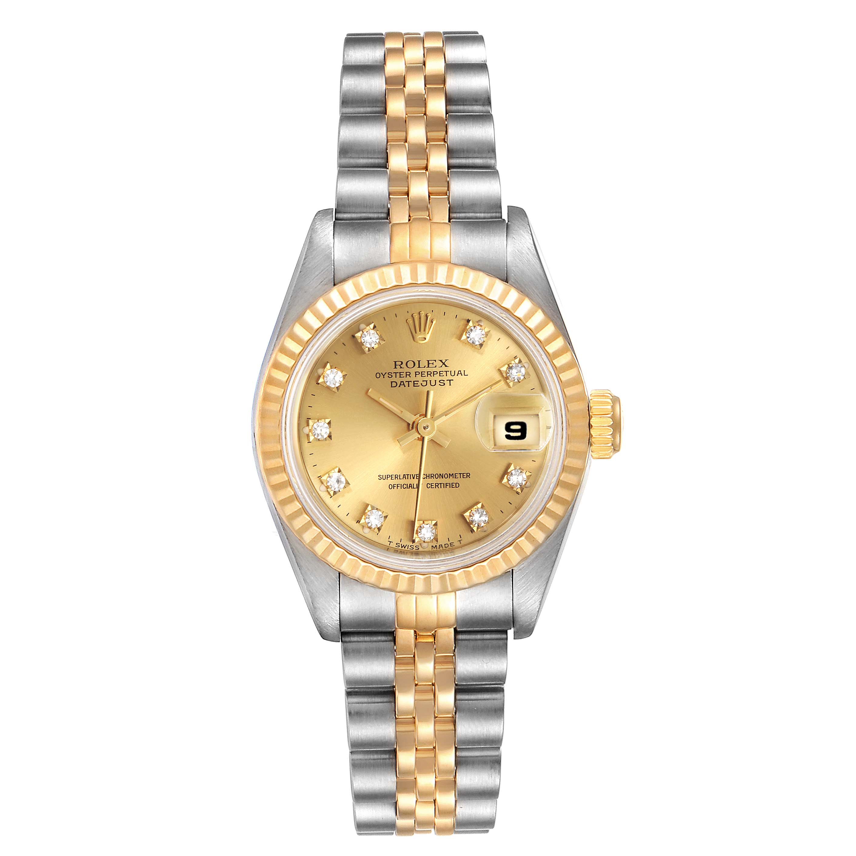 This Rolex Datejust 69173 Women's Stainless Steel Champagne Dial 69173 Women's Stainless Steel Champagne Dial watch is shown from a top-down view, displaying its gold and silver band, gold dial, and date window.