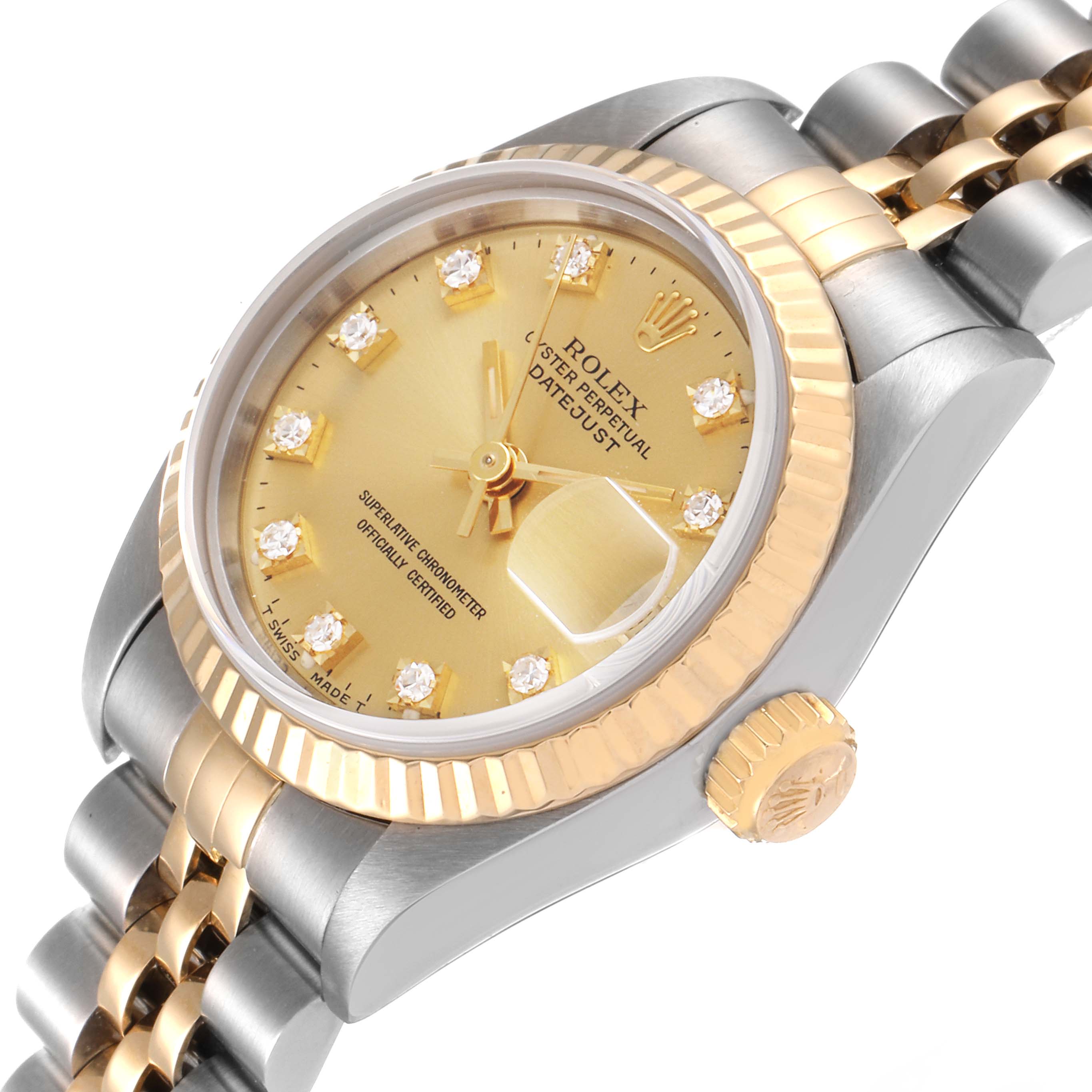 The image shows a Rolex Datejust 69173 Women's Stainless Steel Champagne Dial 69173 Women's Stainless Steel Champagne Dial watch from an angled side view, highlighting its gold face, bezel, and two-tone bracelet.