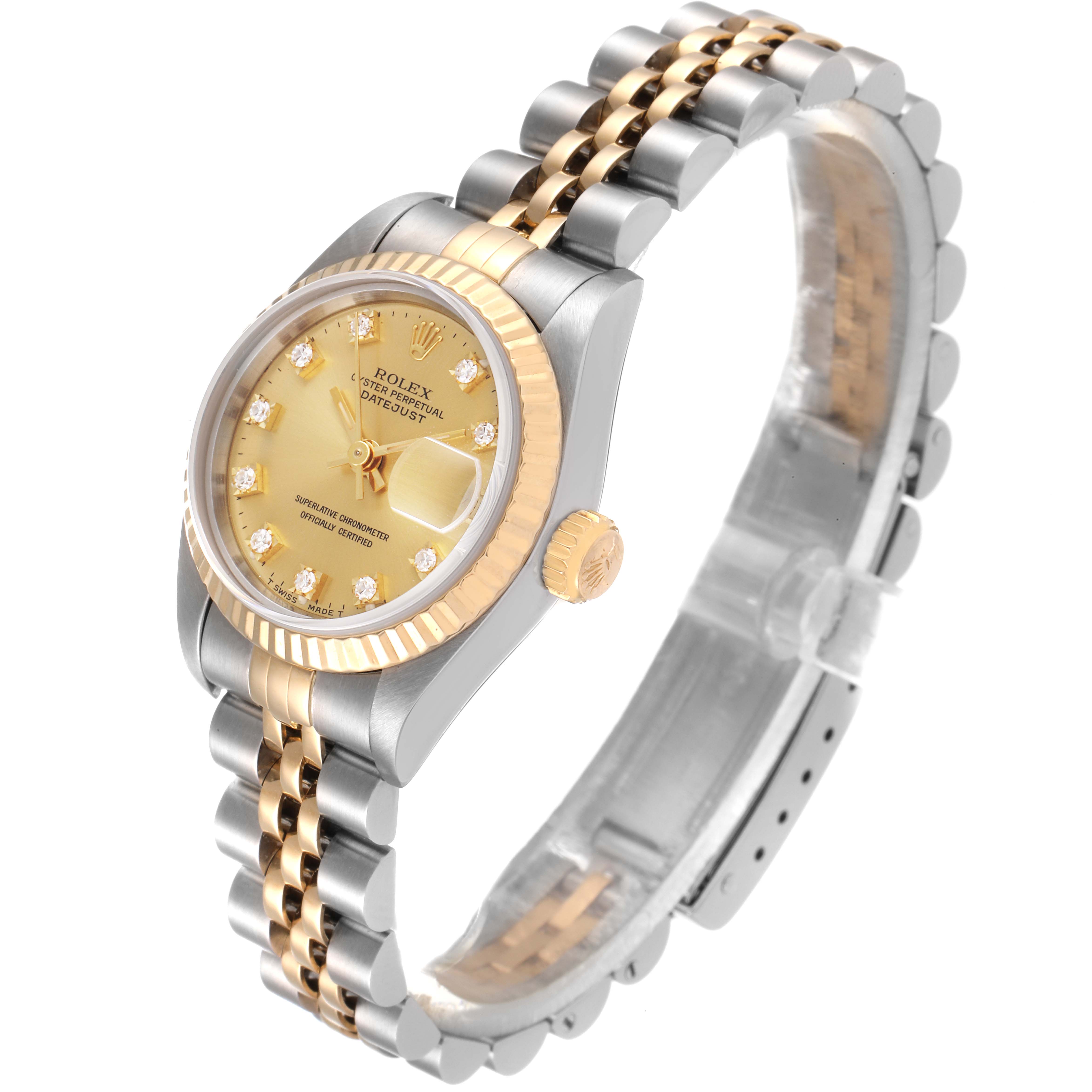 The image shows a Rolex Datejust 69173 Women's Stainless Steel Champagne Dial 69173 Women's Stainless Steel Champagne Dial watch at a three-quarter angle, highlighting its gold dial, bezel, and two-tone bracelet.