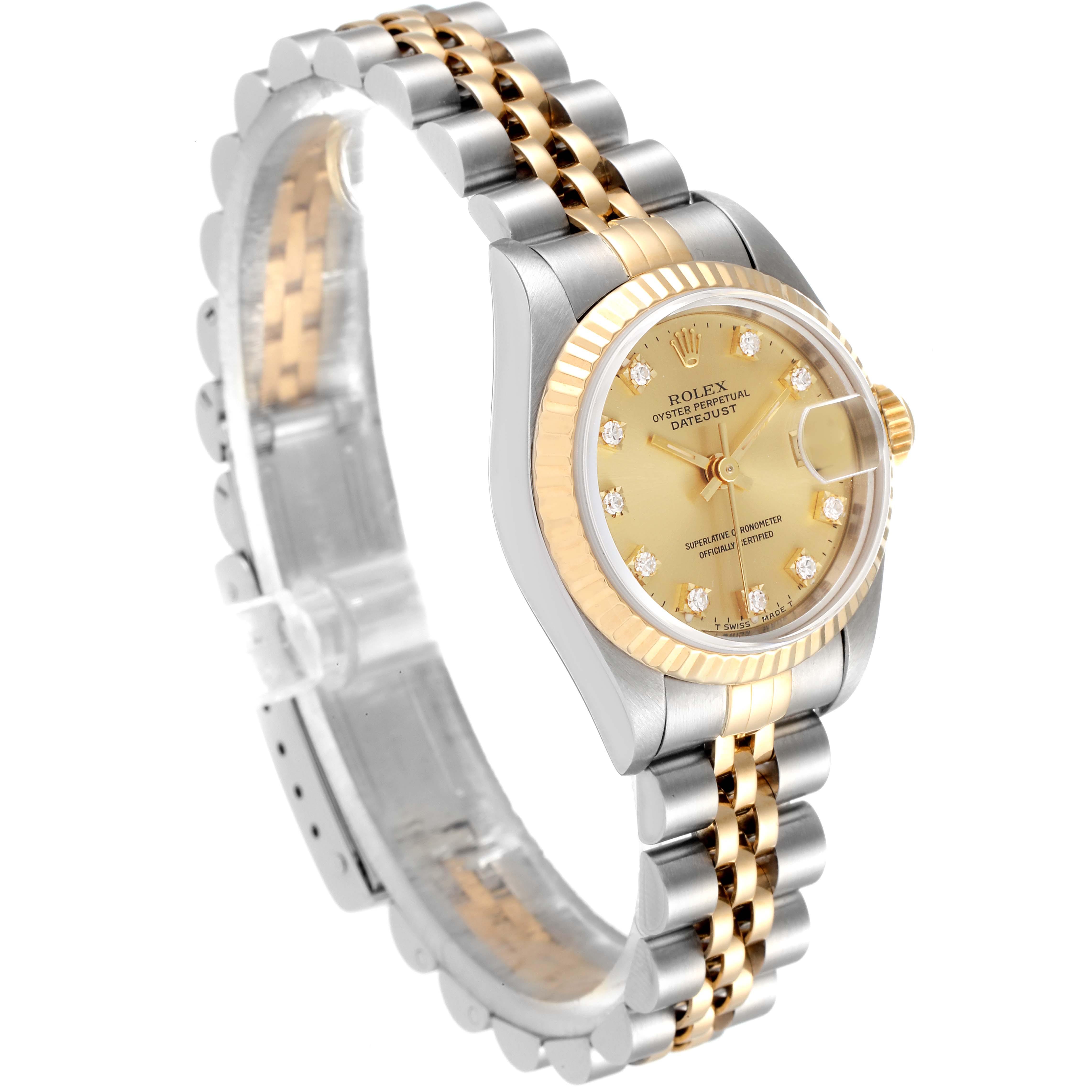 This image shows a Rolex Datejust 69173 Women's Stainless Steel Champagne Dial 69173 Women's Stainless Steel Champagne Dial watch in a three-quarter angle, displaying the face, bezel, and two-tone bracelet.
