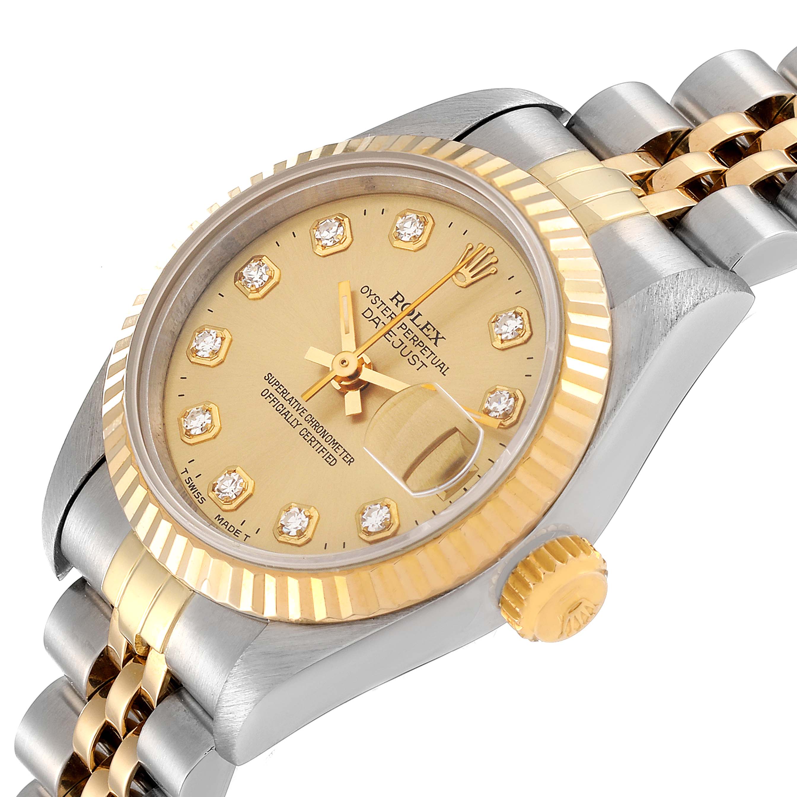 This is an angled close-up of the Rolex Datejust 69173 Women
s Steel and Gold (two tone) Champagne Dial 69173 Women
s Steel and Gold (two tone) Champagne Dial watch showcasing the gold dial, diamond hour markers, bezel, crown, and part of the bracelet.