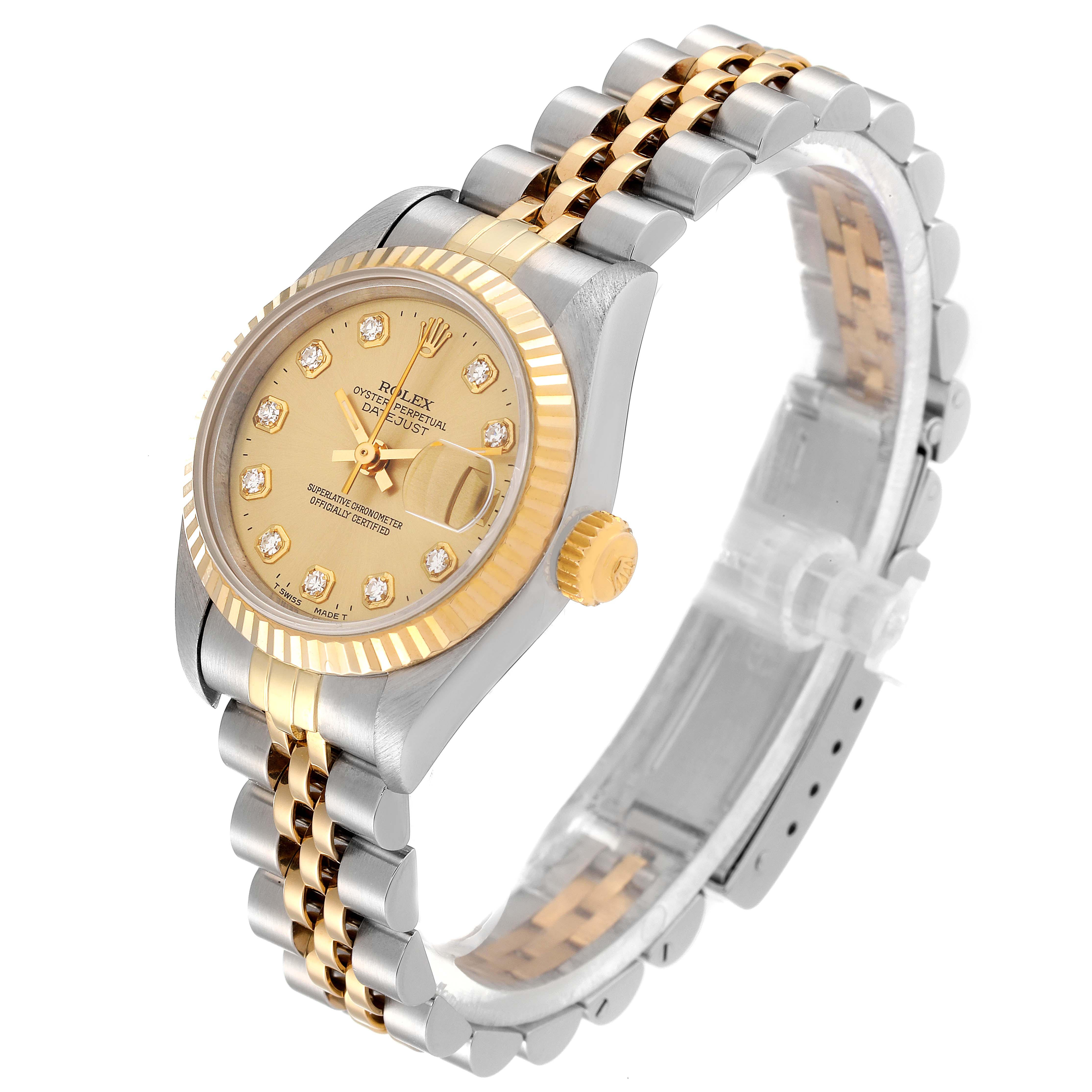 The image shows a Rolex Datejust 69173 Women
s Steel and Gold (two tone) Champagne Dial 69173 Women
s Steel and Gold (two tone) Champagne Dial watch at a three-quarter angle, highlighting the gold and silver jubilee bracelet and diamond dial.