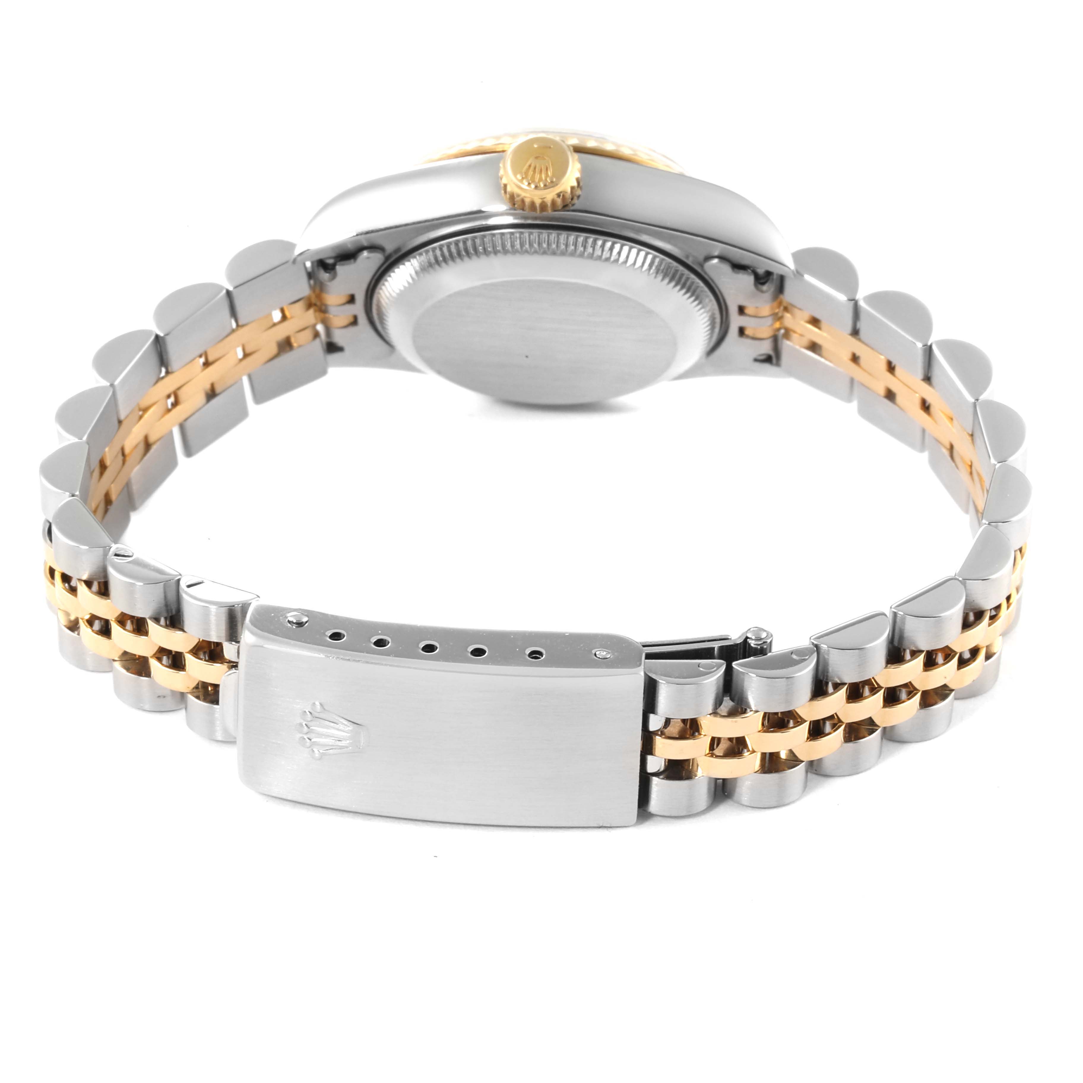 This image shows the back view of a Rolex Datejust 69173 Women
s Steel and Gold (two tone) Champagne Dial 69173 Women
s Steel and Gold (two tone) Champagne Dial watch, displaying the clasp, bracelet, case back, and crown.