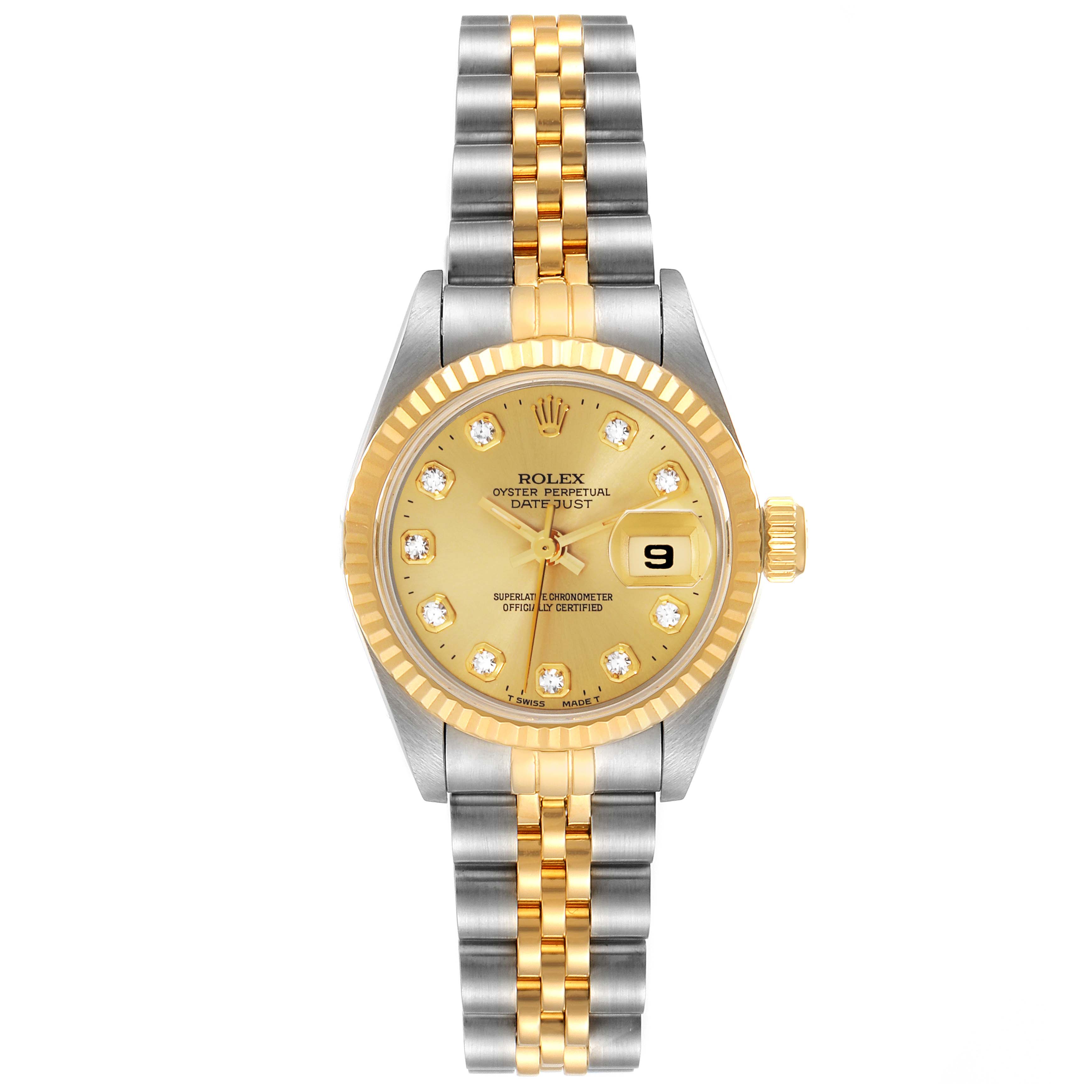 This image shows a Rolex Datejust 69173 Women
s Steel and Gold (two tone) Champagne Dial 69173 Women
s Steel and Gold (two tone) Champagne Dial watch from a top-down angle, displaying its gold dial, fluted bezel, and two-tone bracelet.