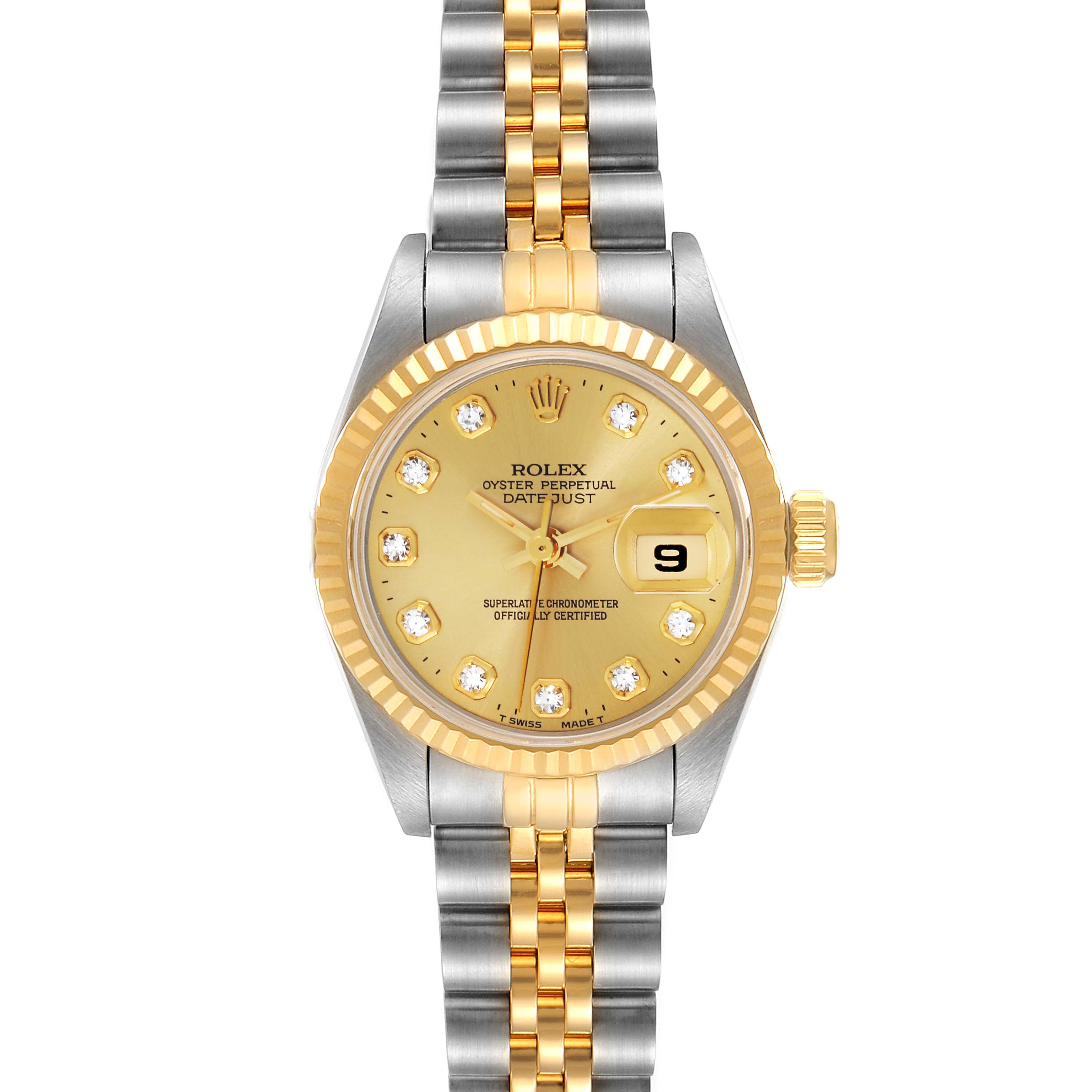 The image shows a front view of the Rolex Datejust 69173 Women
s Steel and Gold (two tone) Champagne Dial 69173 Women
s Steel and Gold (two tone) Champagne Dial watch with a gold and silver bracelet and diamond hour markers on the dial.