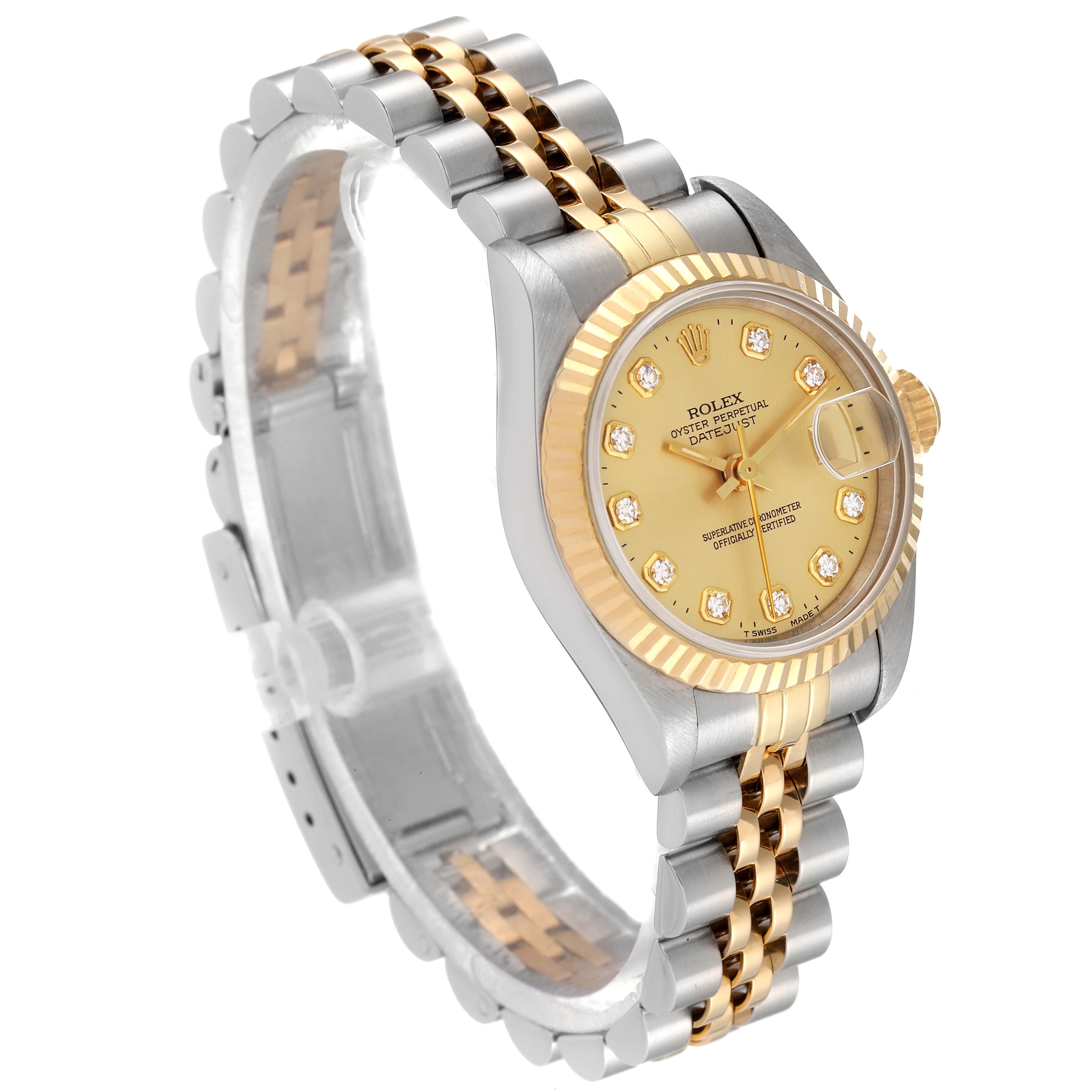 The image shows the Rolex Datejust 69173 Women
s Steel and Gold (two tone) Champagne Dial 69173 Women
s Steel and Gold (two tone) Champagne Dial watch at an angled view, highlighting its face, fluted bezel, and two-tone metal bracelet.