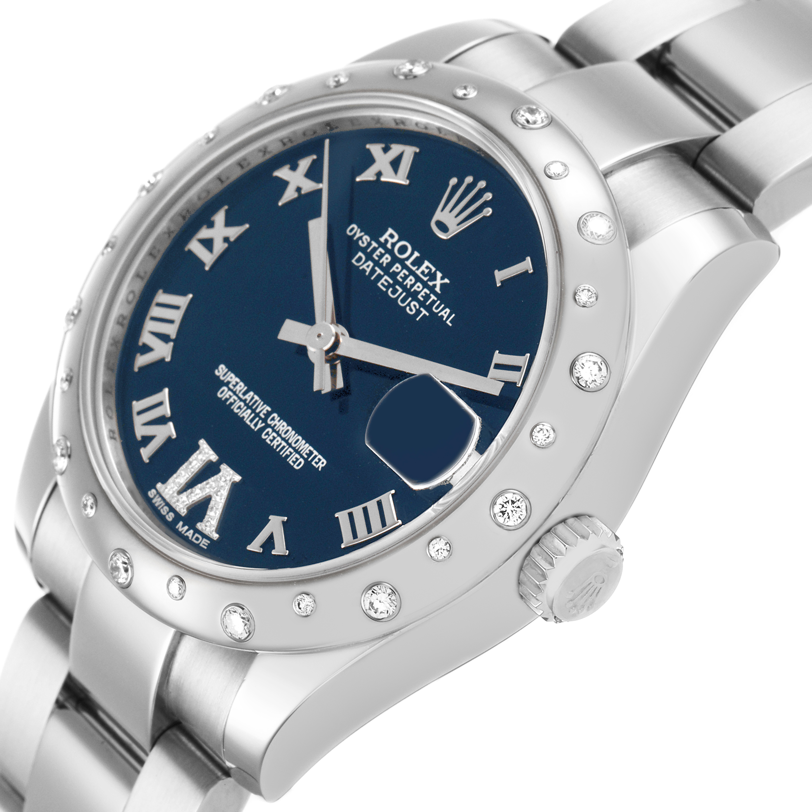 The image shows a Rolex Mid-Size 178344 Women's Stainless Steel Black Dial Datejust watch angled from the right, highlighting the dial, bezel, case, and crown.