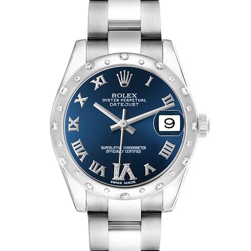 The Rolex Mid-Size 178344 Women's Stainless Steel Black Dial watch is shown from the front, highlighting the dial, bezel, bracelet, and date window.