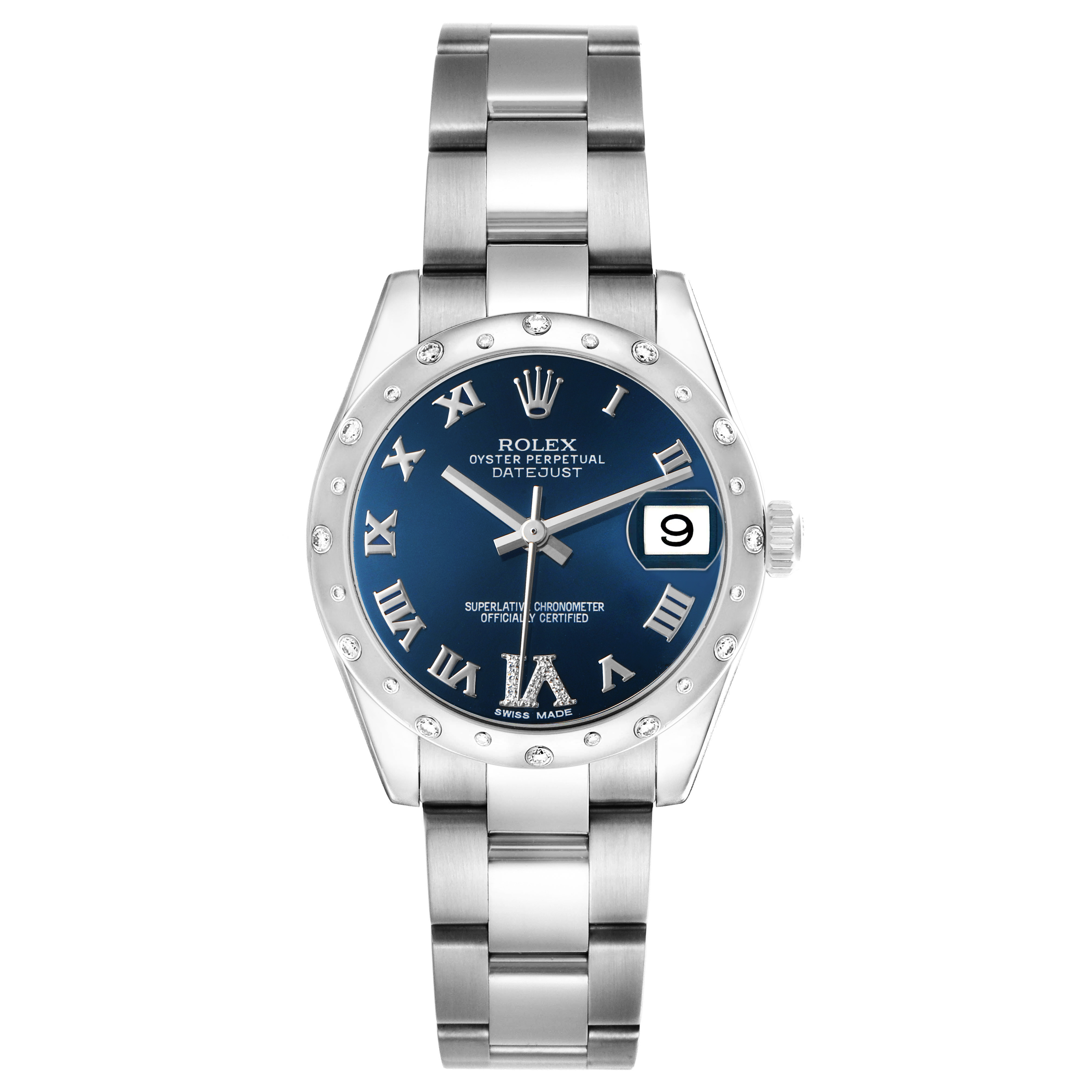 The Rolex Mid-Size 178344 Women's Stainless Steel Black Dial Datejust watch is shown from a top-down angle, displaying the dial, bezel, bracelet, and crown.