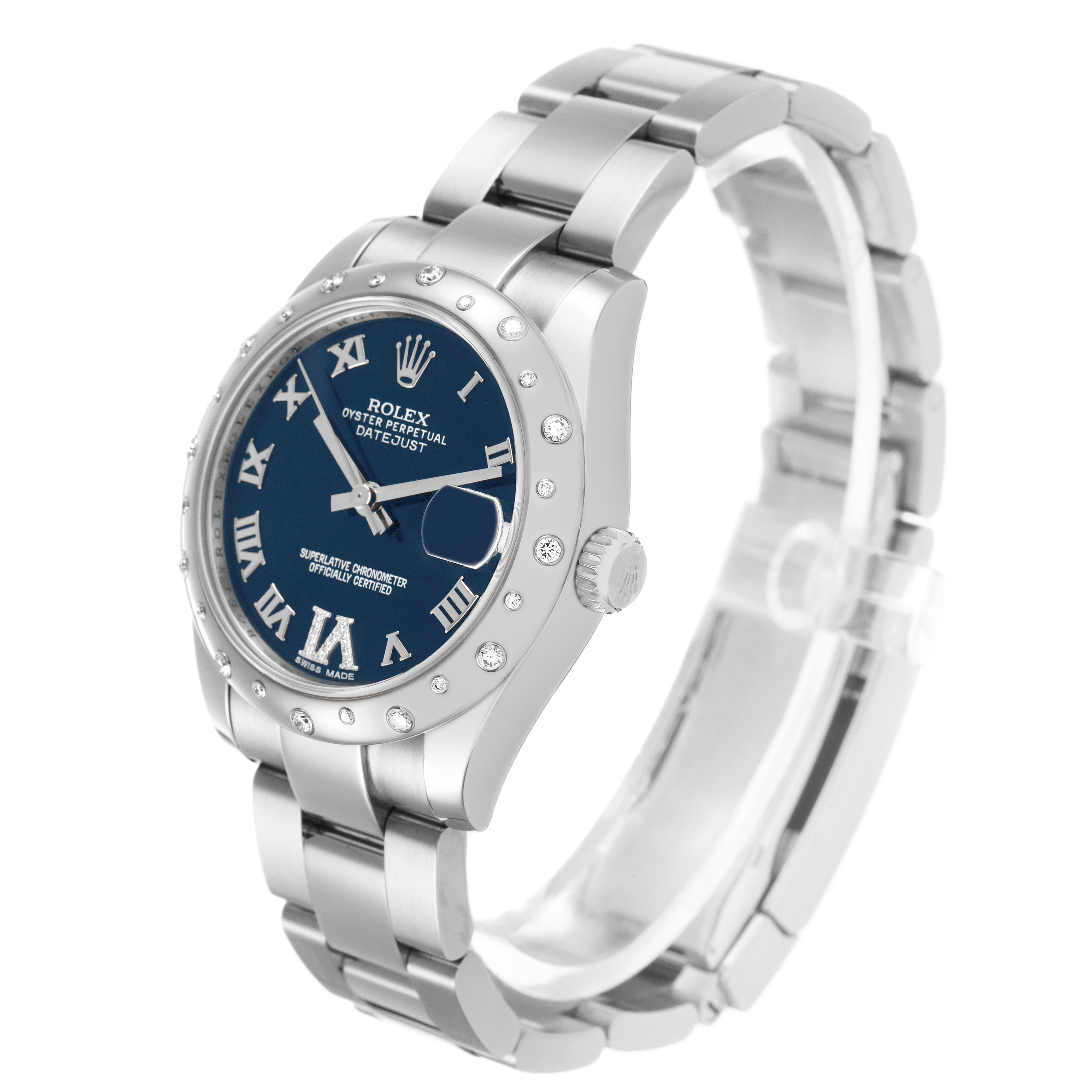The Rolex Mid-Size 178344 Women's Stainless Steel Black Dial watch is shown at a slight side angle highlighting the bracelet, bezel, and blue dial with Roman numerals.