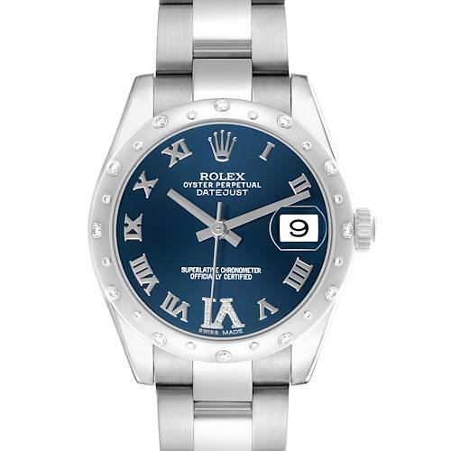 The Rolex Mid-Size 178344 Women's Stainless Steel Black Dial Datejust watch is shown from a front angle, highlighting its blue dial, diamond bezel, and bracelet.