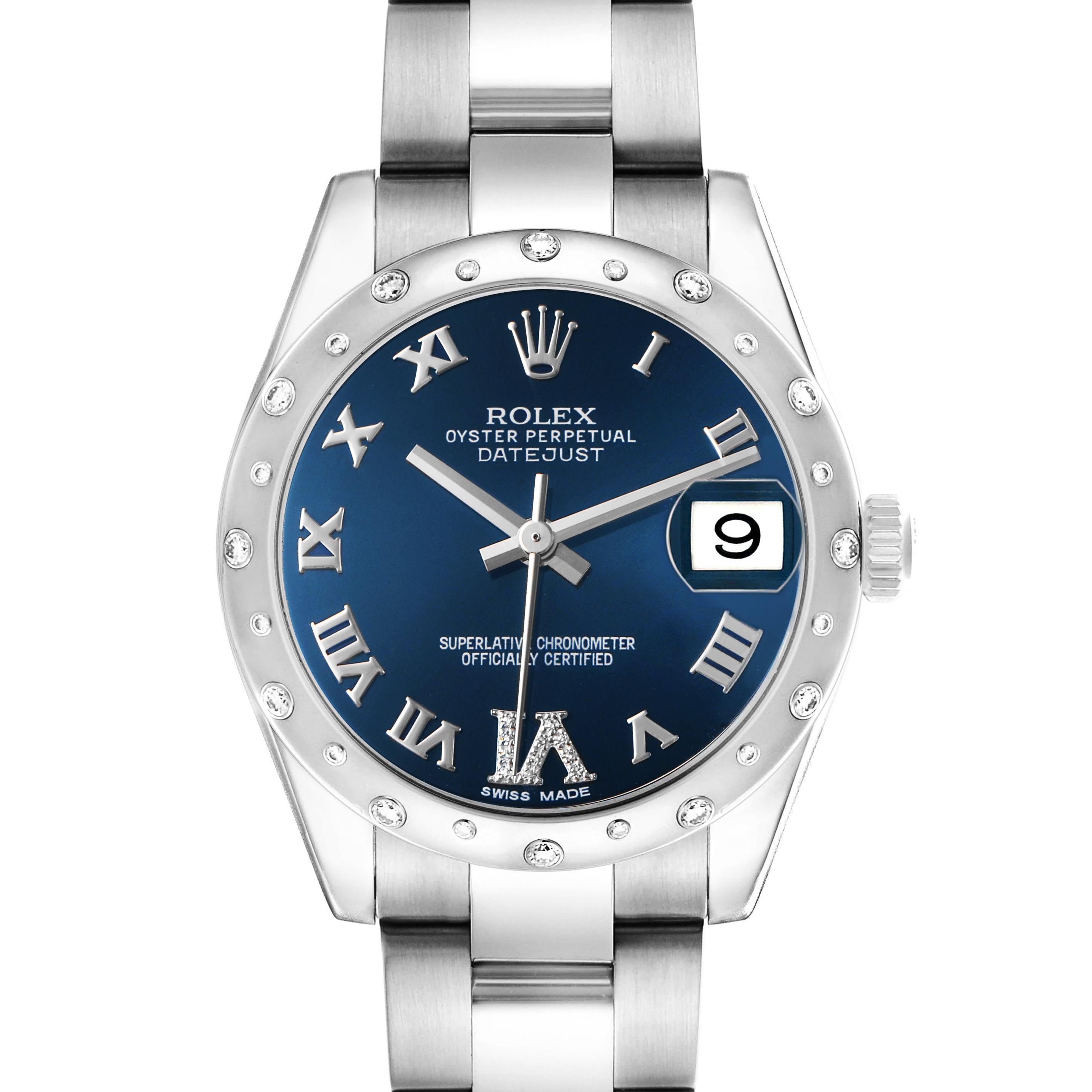 The Rolex Datejust Mid-Size watch is shown from the front, highlighting the blue dial, Roman numerals, bezel with diamonds, and bracelet.