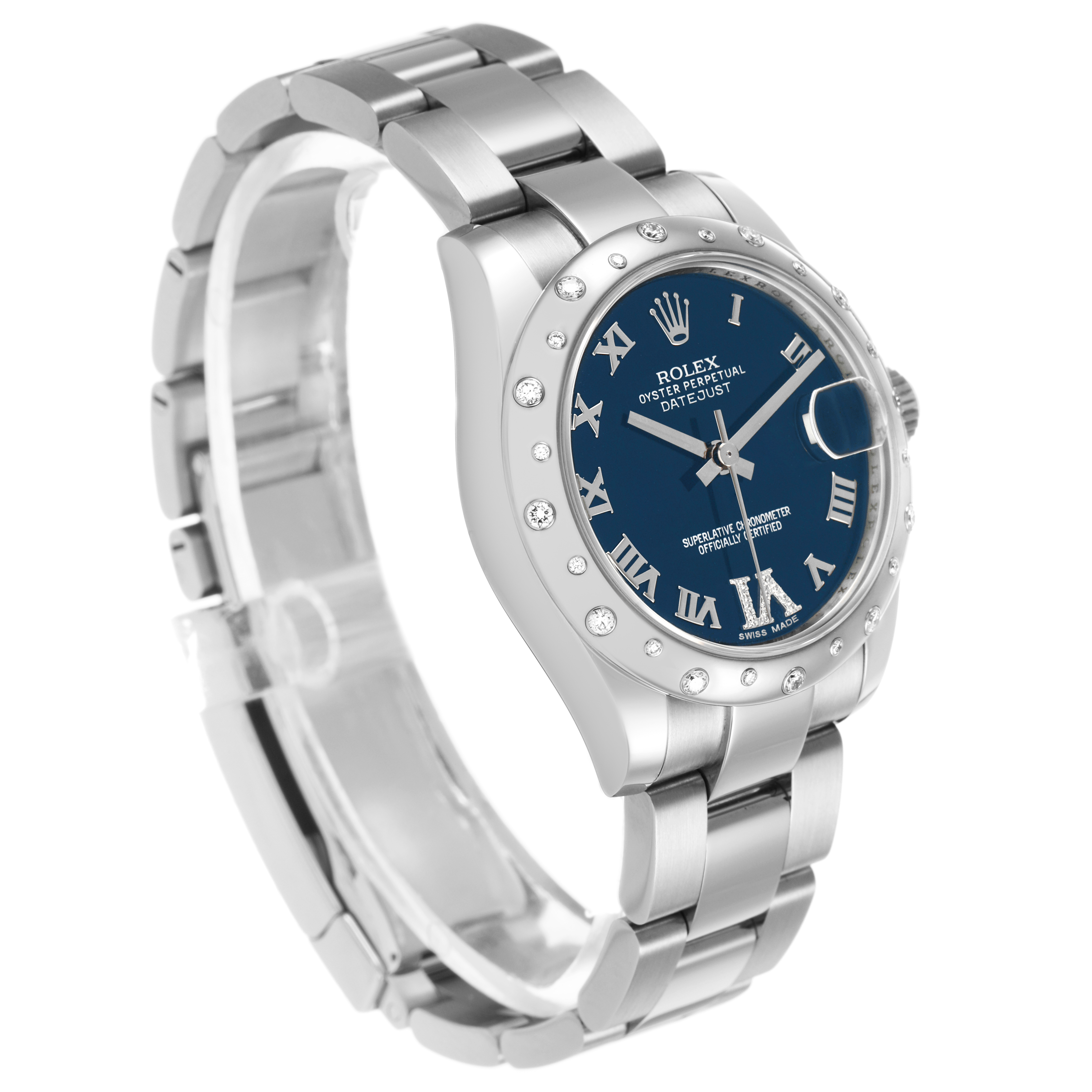 The Rolex Datejust Mid-Size model is shown at a three-quarter angle, highlighting its blue dial, Roman numerals, and diamond bezel.