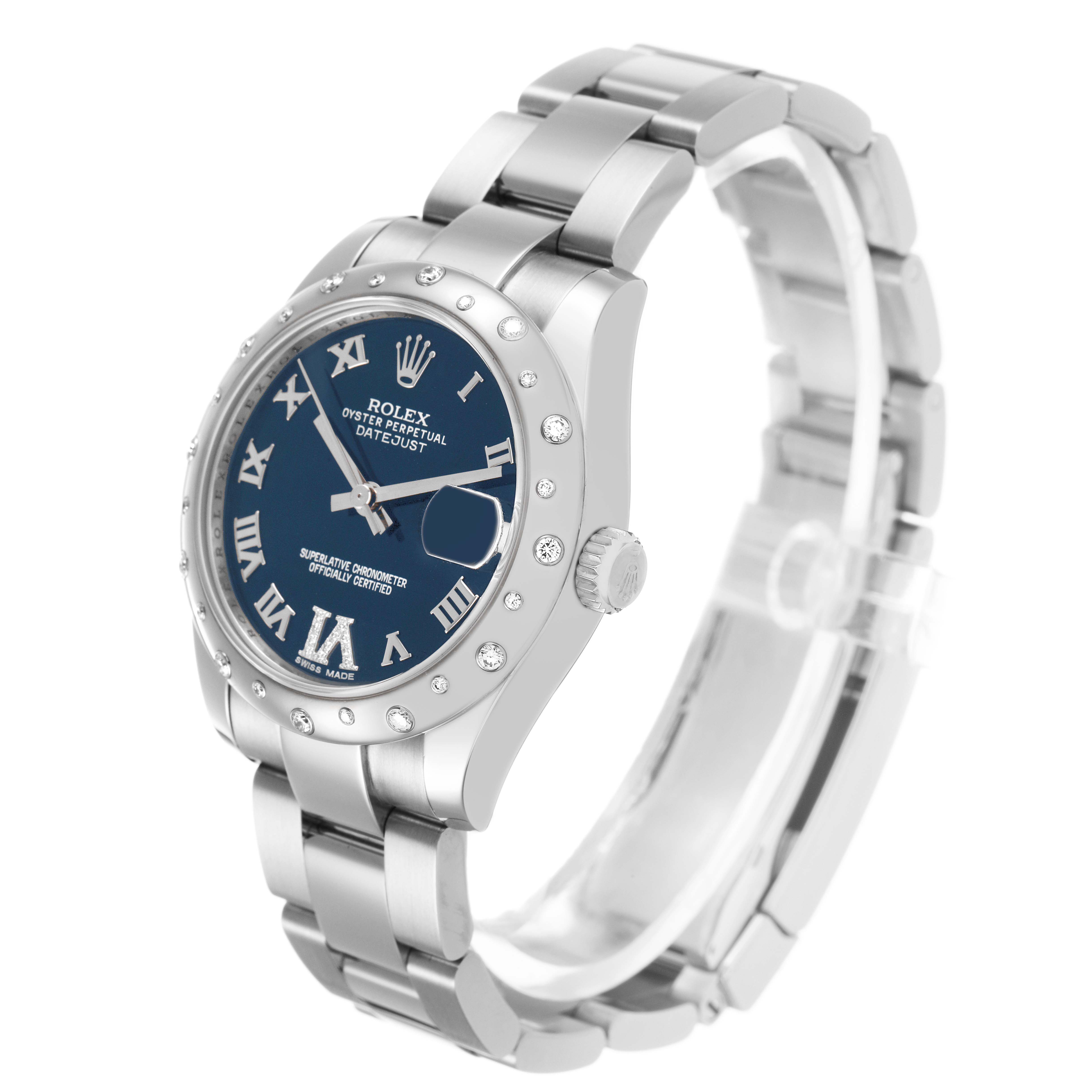 The Rolex Mid-Size 178344 Women's Stainless Steel Black Dial watch is shown at a three-quarter angle, highlighting the dial, bezel, and bracelet.