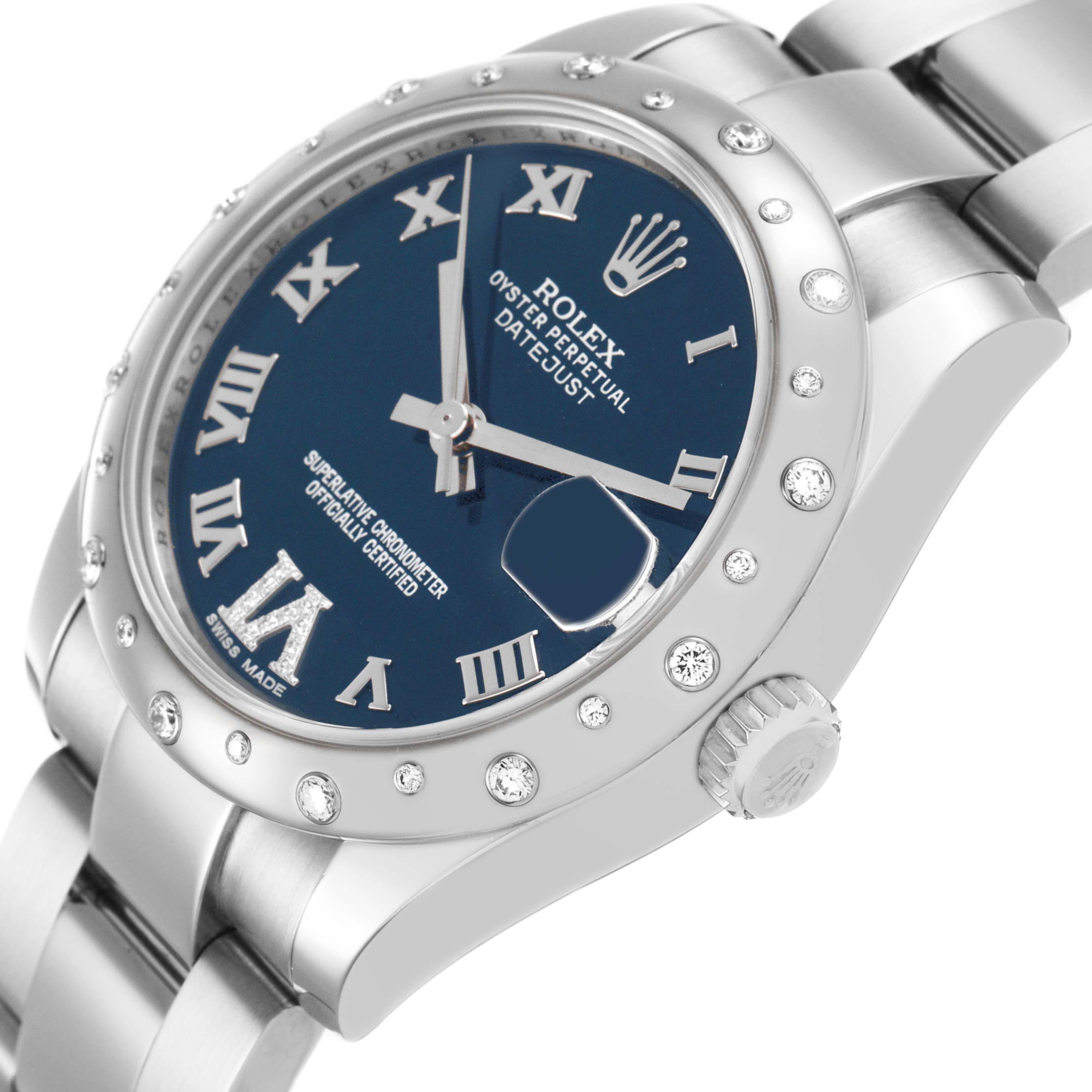 The Rolex Mid-Size 178344 Women's Stainless Steel Black Dial watch is shown from a three-quarter angle, highlighting its dial, bezel, crown, and part of the bracelet.
