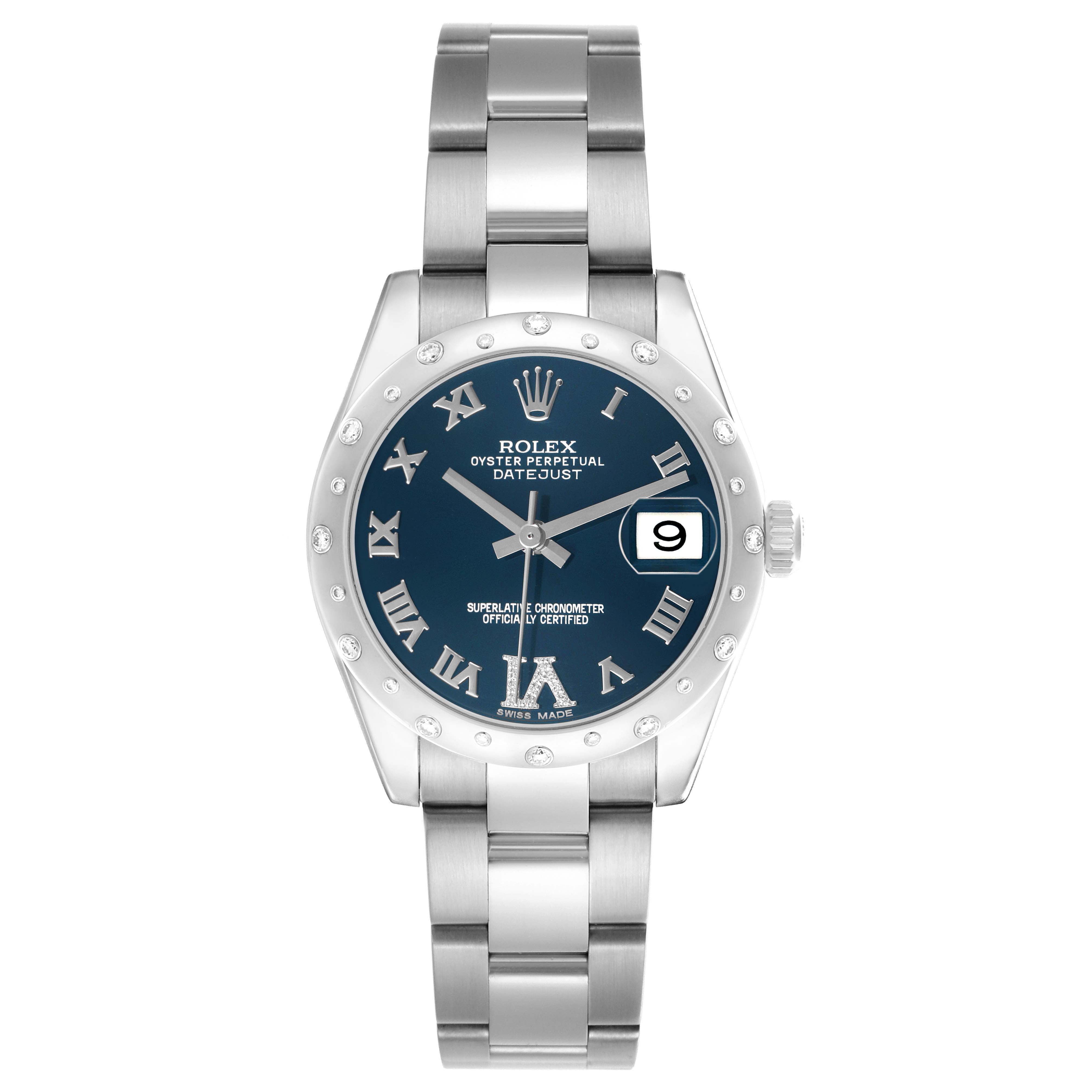 The Rolex Mid-Size 178344 Women's Stainless Steel Black Dial watch is shown from a front angle, highlighting its blue dial, Roman numeral markers, and stainless steel bracelet.