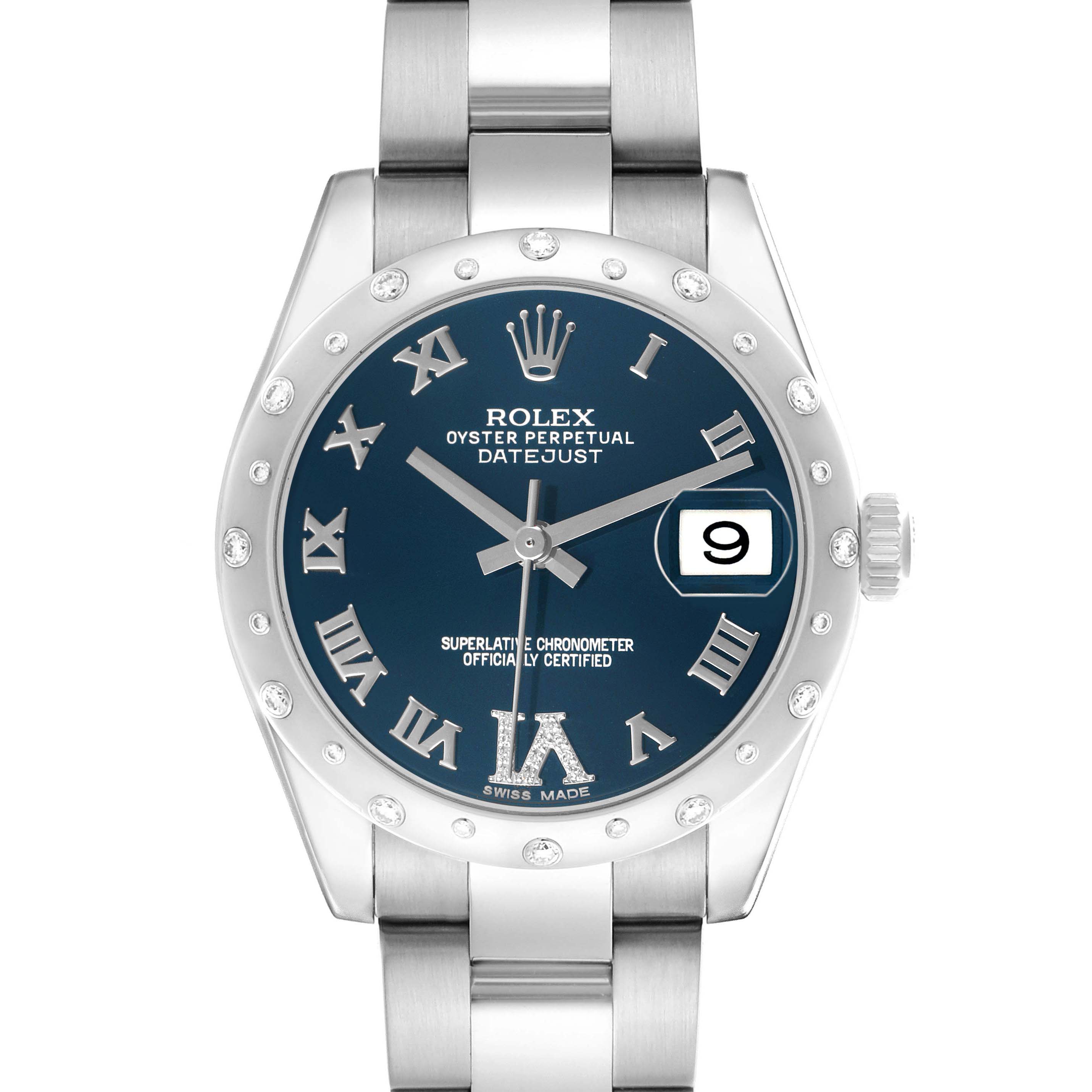 The Rolex Datejust Mid-Size is shown from a front angle, highlighting the blue dial, date window, and stainless steel bracelet.