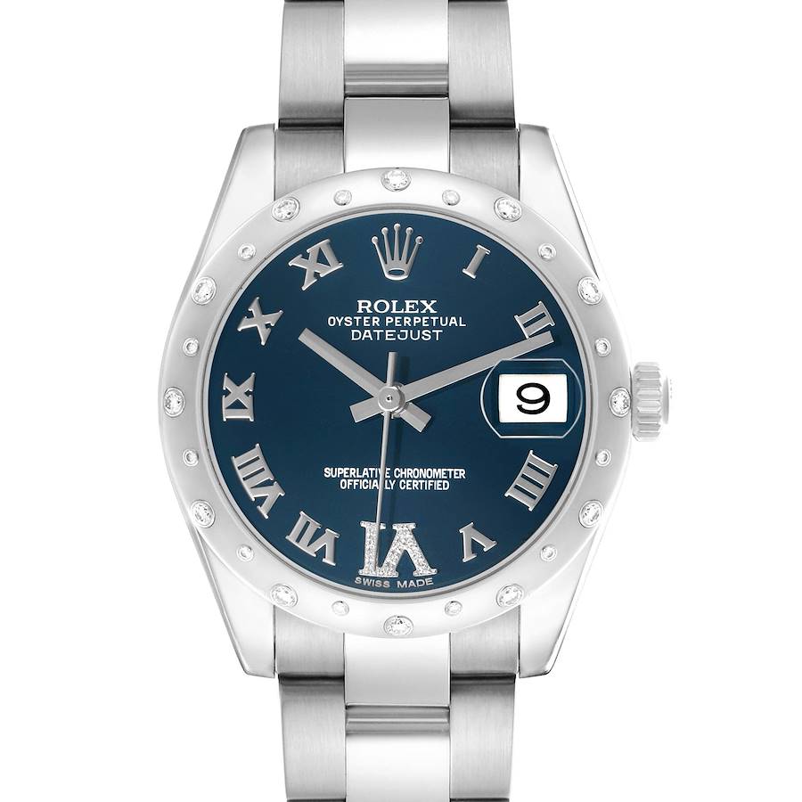 The Rolex Datejust Mid-Size is shown from a front angle, highlighting the blue dial, date window, and stainless steel bracelet.