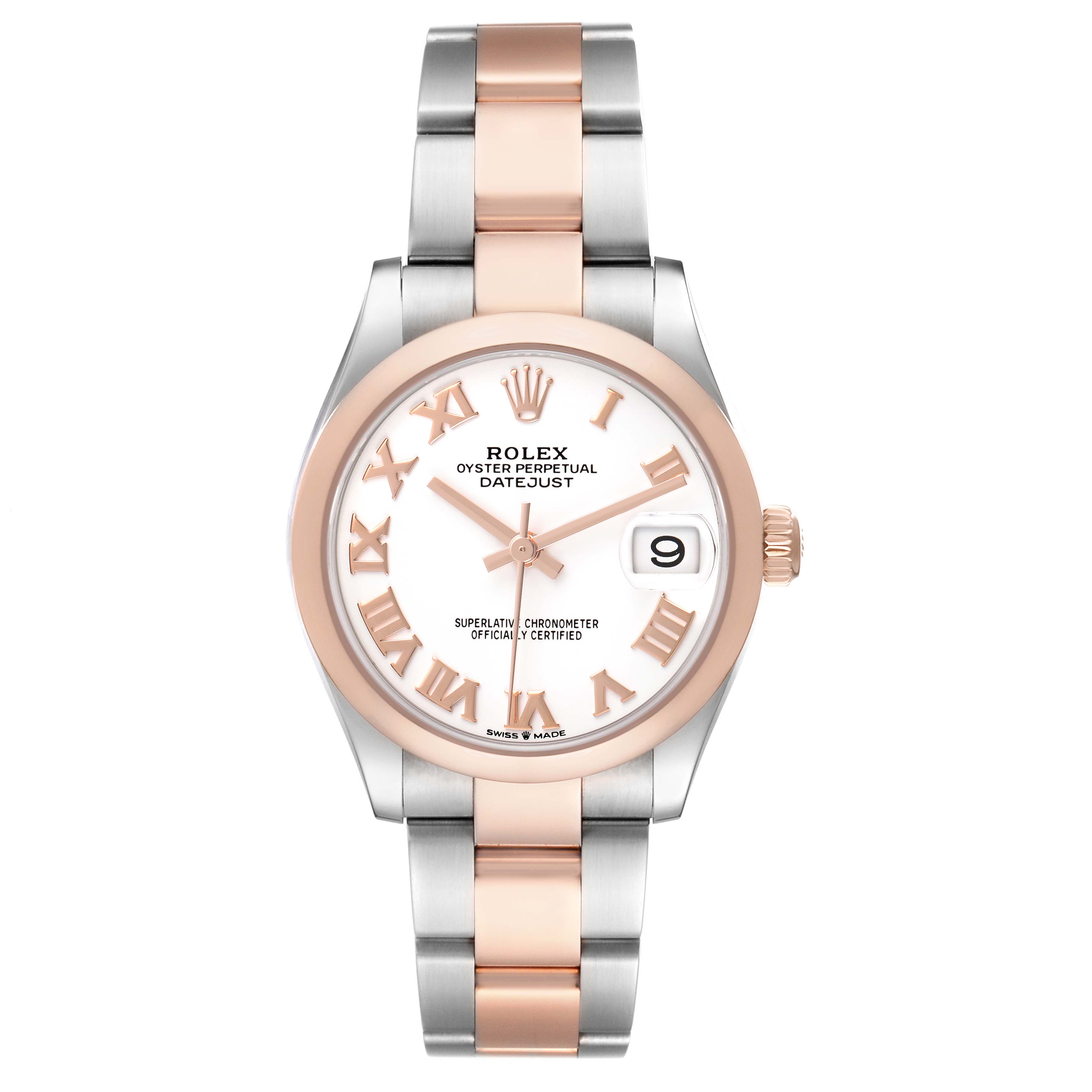 The Rolex Datejust 278241 Women's Steel and Gold (two tone) Yellow Dial model is shown from a front view, highlighting the dial, bezel, hands, and two-tone bracelet.