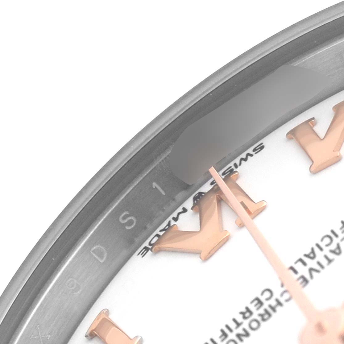 The image shows a close-up of the Rolex Datejust 278241 Women's Steel and Gold (two tone) Yellow Dial dial, focusing on Roman numerals, the hands, and part of the bezel.