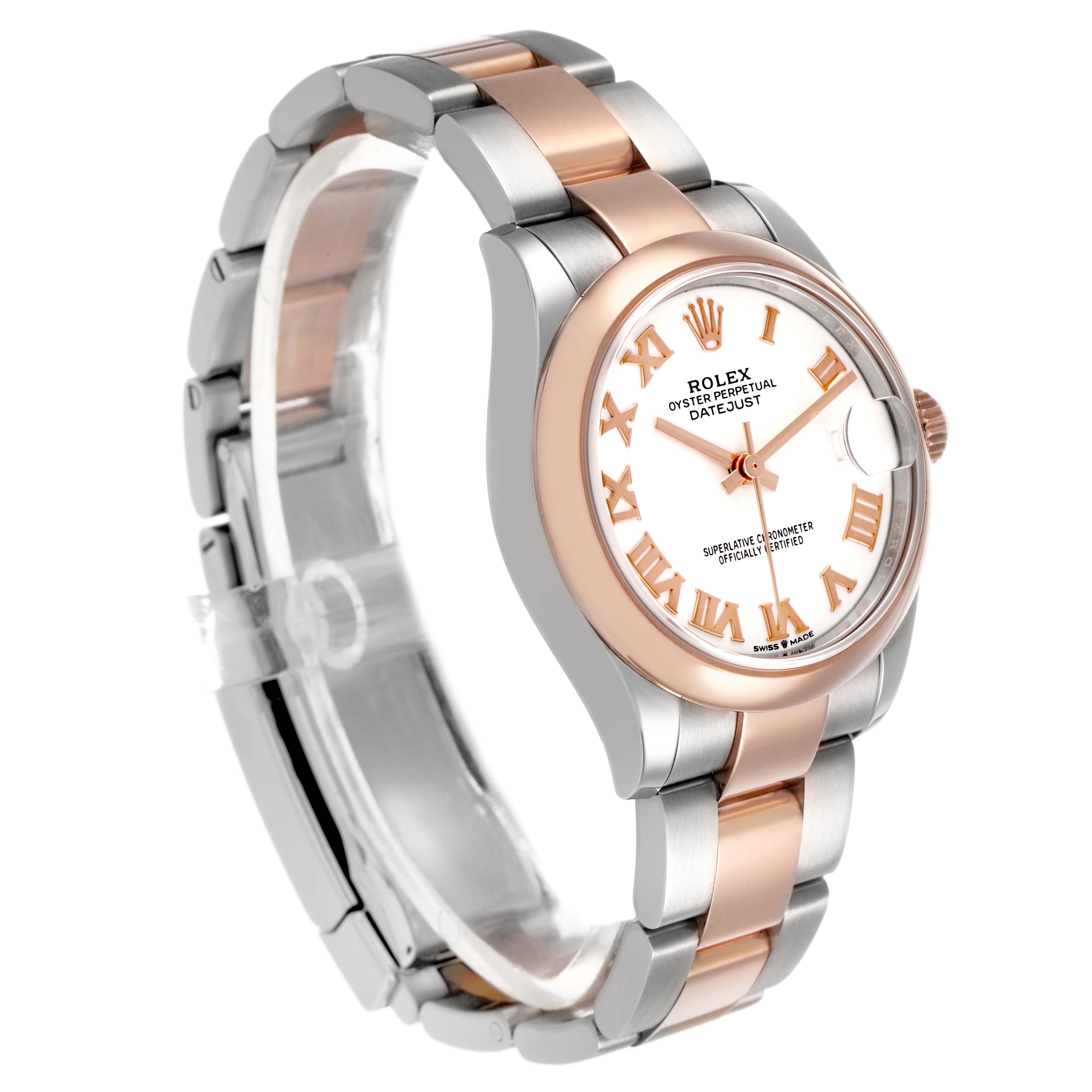 The Rolex Datejust 278241 Women's Steel and Gold (two tone) Yellow Dial watch is angled to show the dial, bezel, crown, and two-tone bracelet.