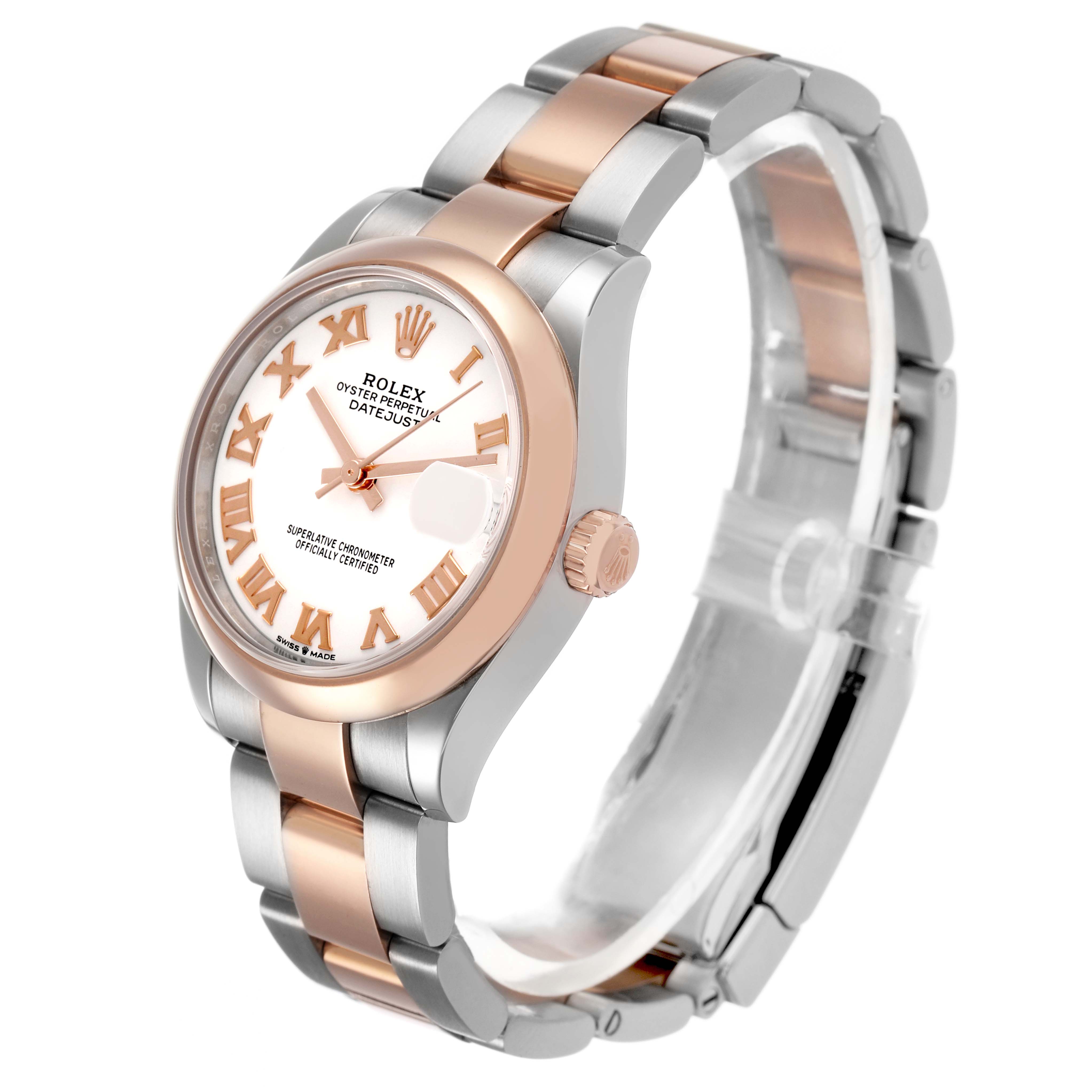 The Rolex Datejust 278241 Women's Steel and Gold (two tone) Yellow Dial watch is shown at an angled front view, displaying the dial, bezel, crown, and two-tone bracelet.