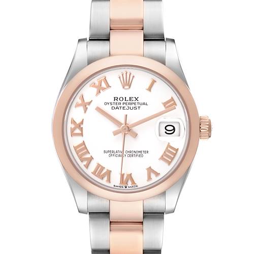 This Rolex Datejust 278241 Women's Steel and Gold (two tone) Yellow Dial watch is shown from the front, highlighting the dial, hands, bezel, and a portion of the bracelet.