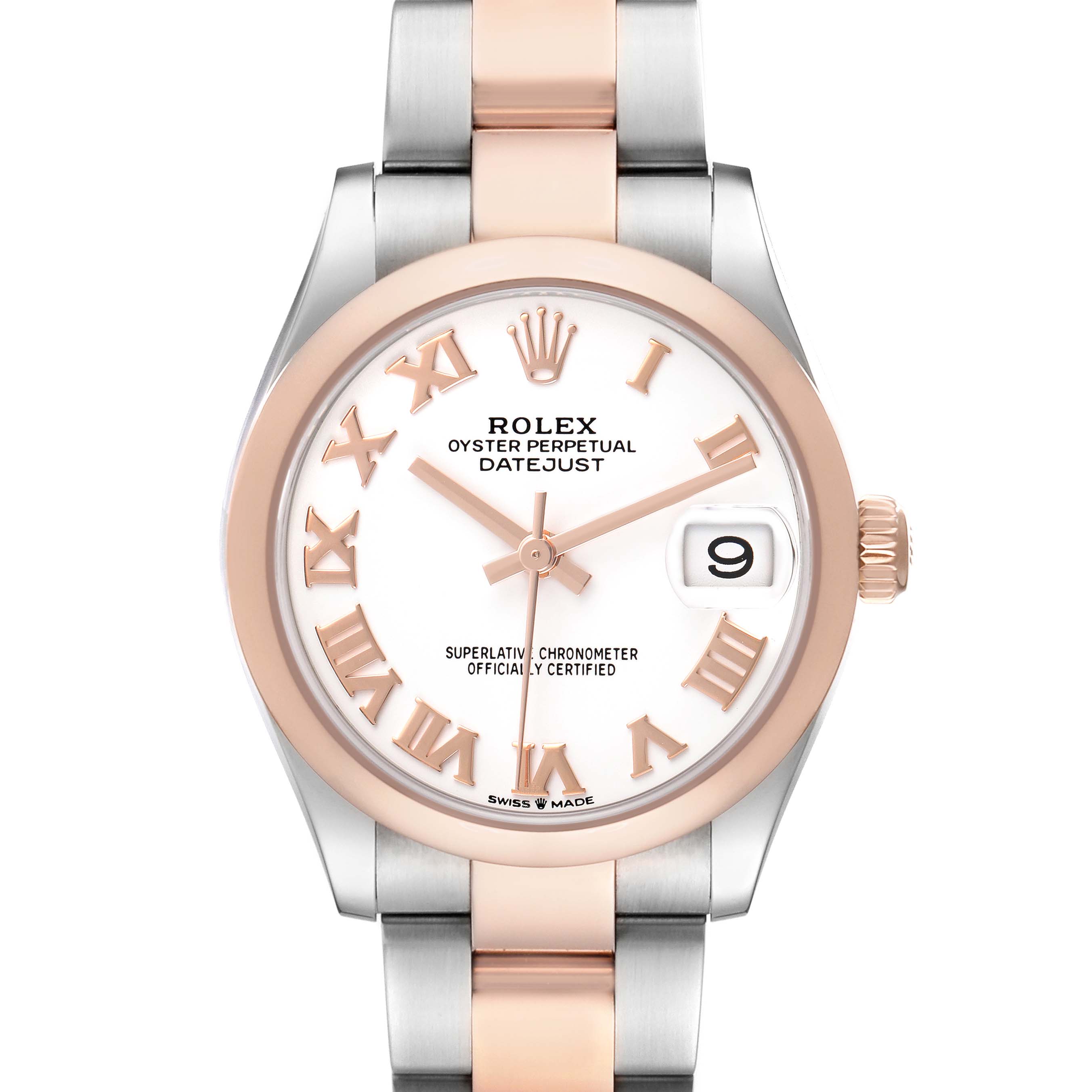 The Rolex Datejust 278241 Women's Steel and Gold (two tone) Yellow Dial watch is shown from a front angle, highlighting the dial, bezel, and stainless steel and gold bracelet.