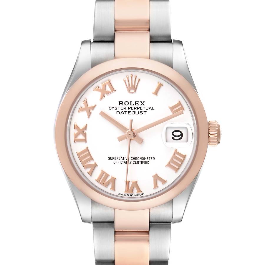 The Rolex Datejust 278241 Women's Steel and Gold (two tone) Yellow Dial watch is shown from a front angle, highlighting the dial, bezel, and stainless steel and gold bracelet.