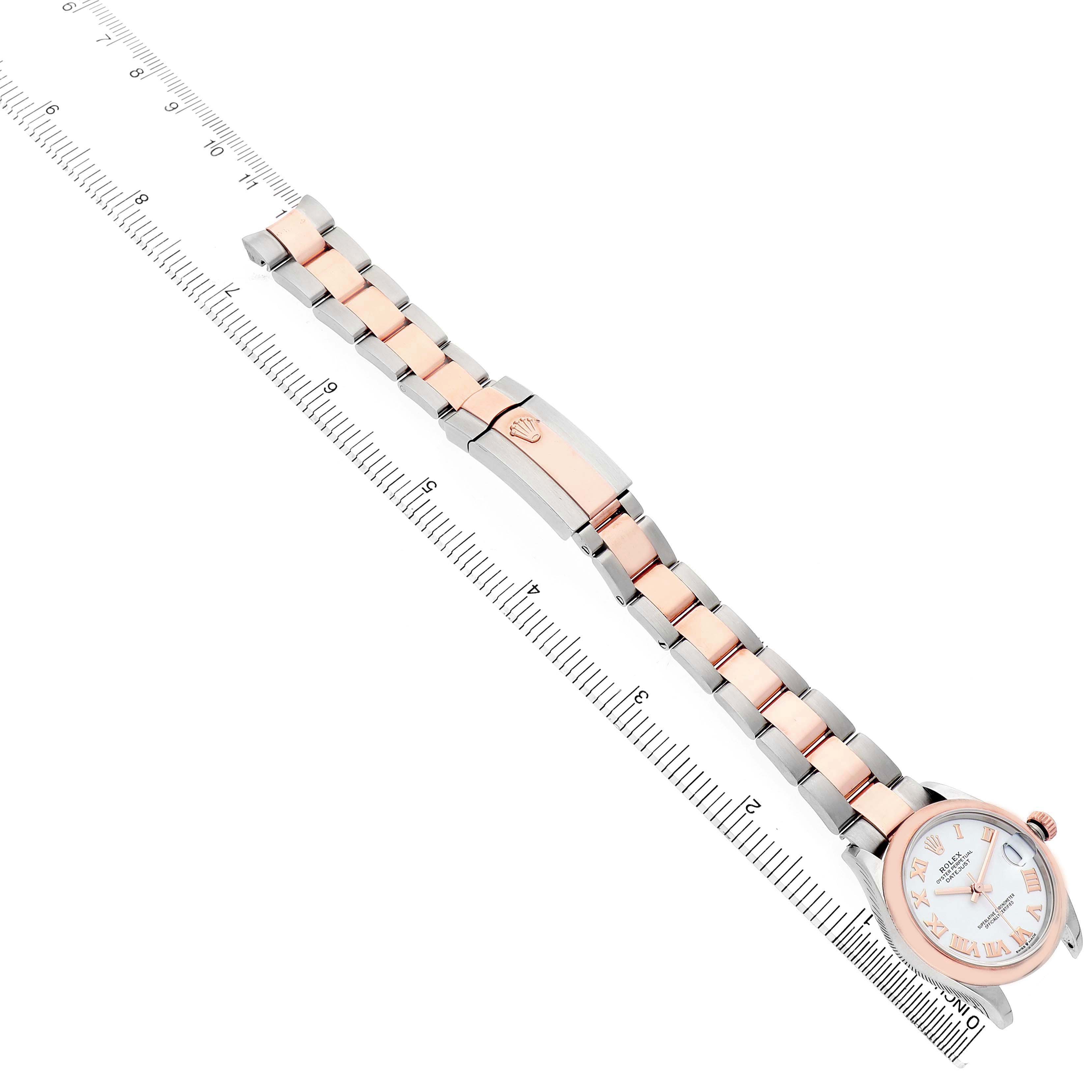 The Rolex Datejust 278241 Women's Steel and Gold (two tone) Yellow Dial watch is shown at an angled top view, displaying the bracelet, clasp, and watch face.