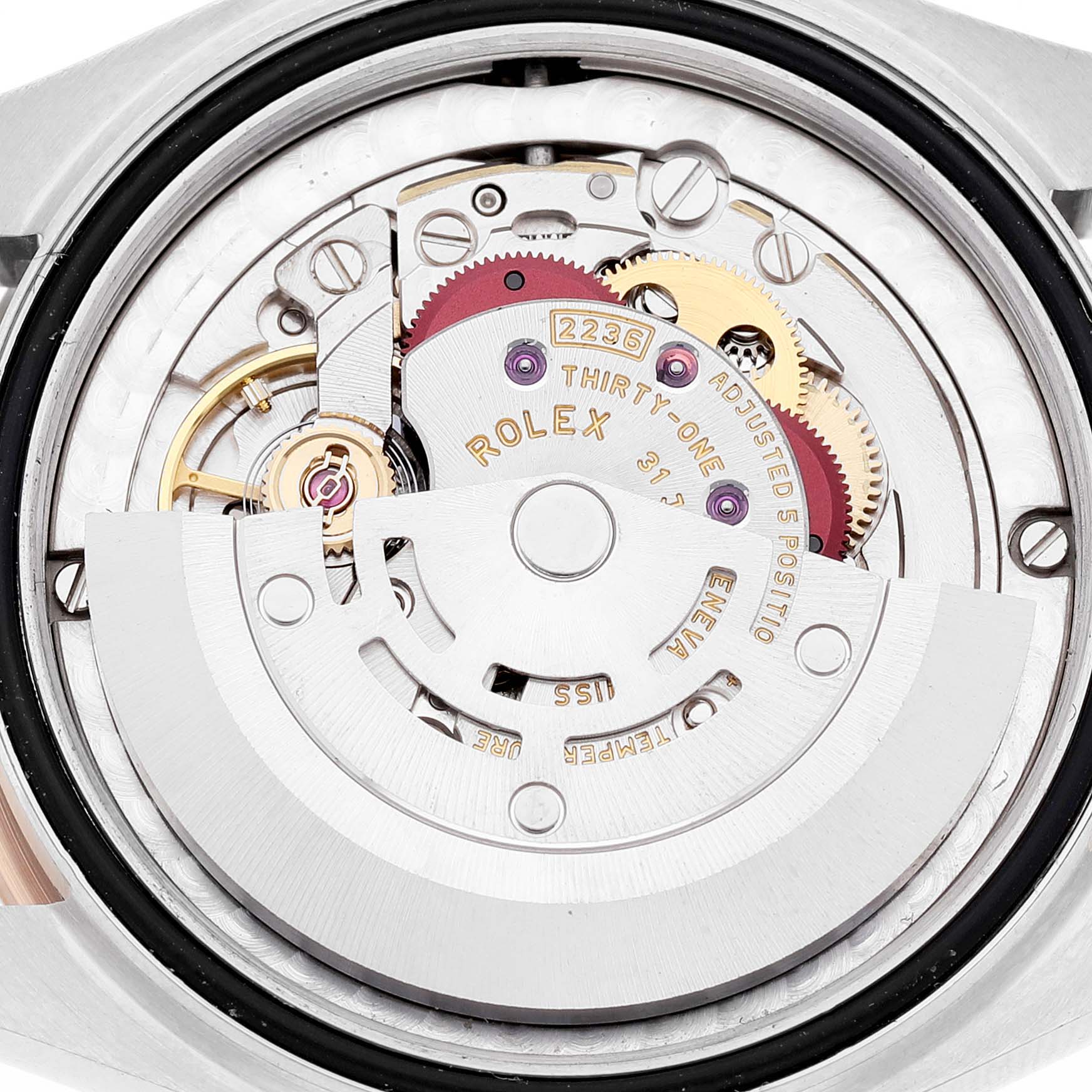 The image shows the movement and rotor of a Rolex Datejust 278241 Women's Steel and Gold (two tone) Yellow Dial watch, viewed from the back.