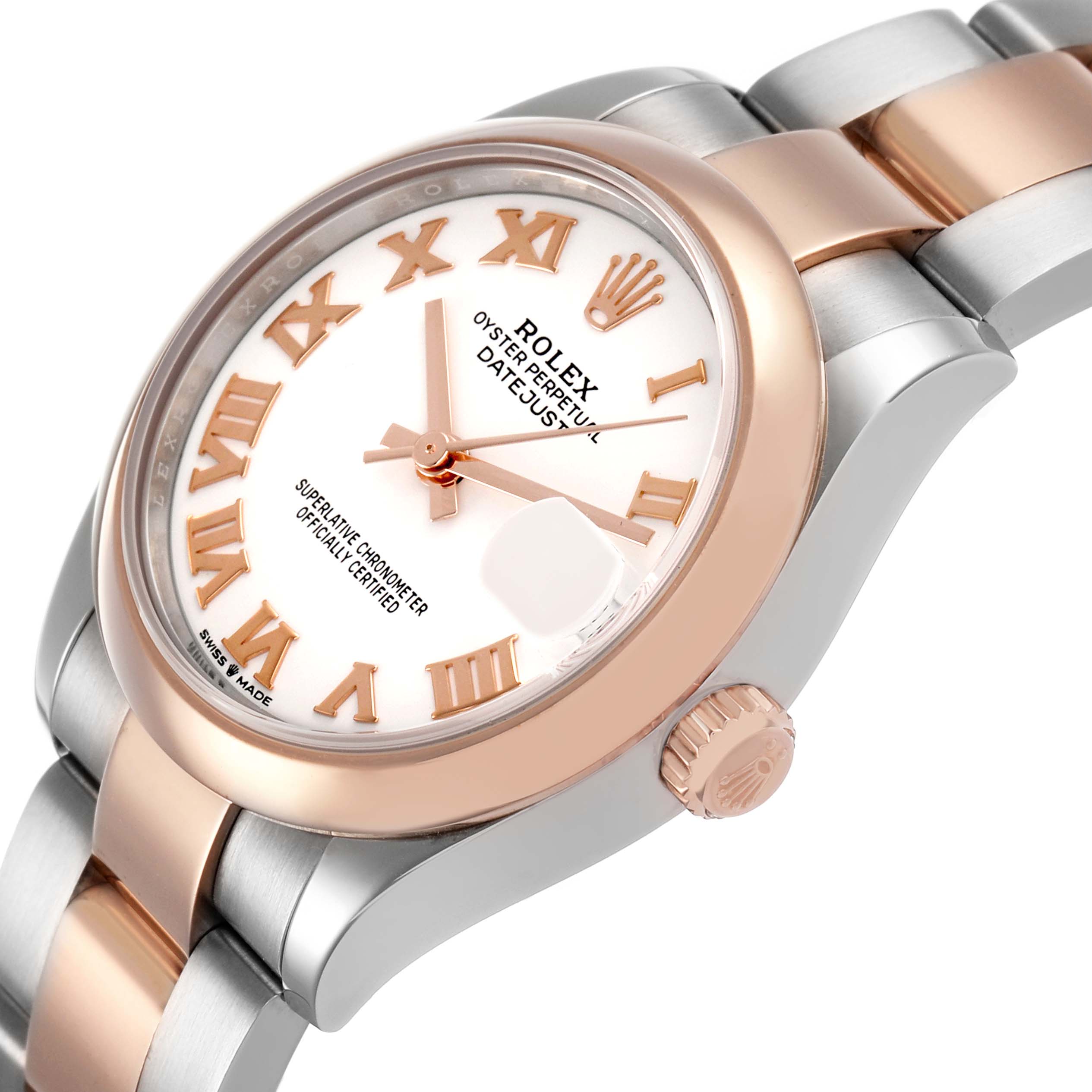 The Rolex Datejust 278241 Women's Steel and Gold (two tone) Yellow Dial watch is shown from a tilted angle, highlighting its dial, bezel, crown, and part of the bracelet.