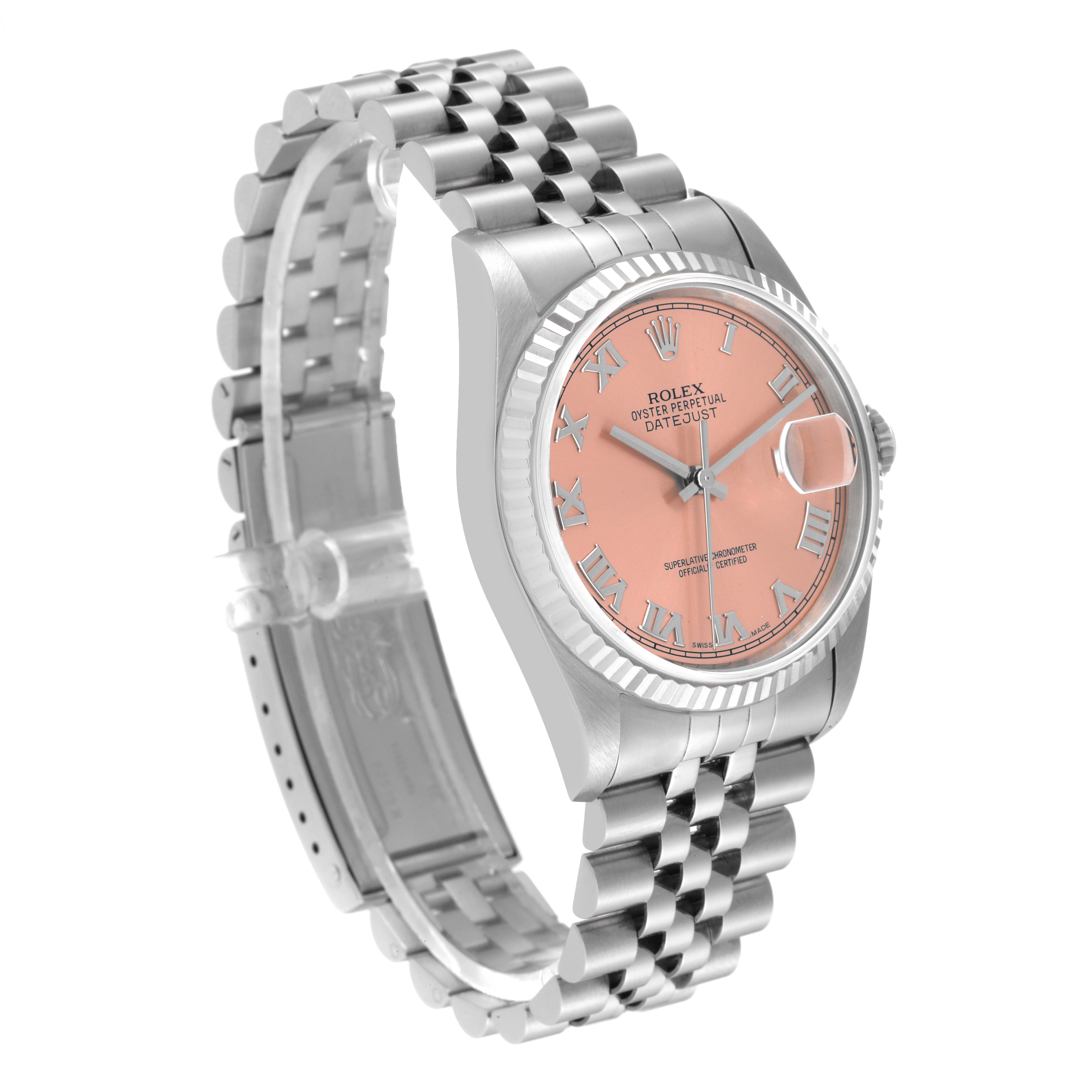 This image shows a Rolex Datejust 16234 Men's Stainless Steel Pink Dial 16234 Men's Stainless Steel Pink Dial watch from a three-quarter angle, highlighting its face, bezel, and bracelet.
