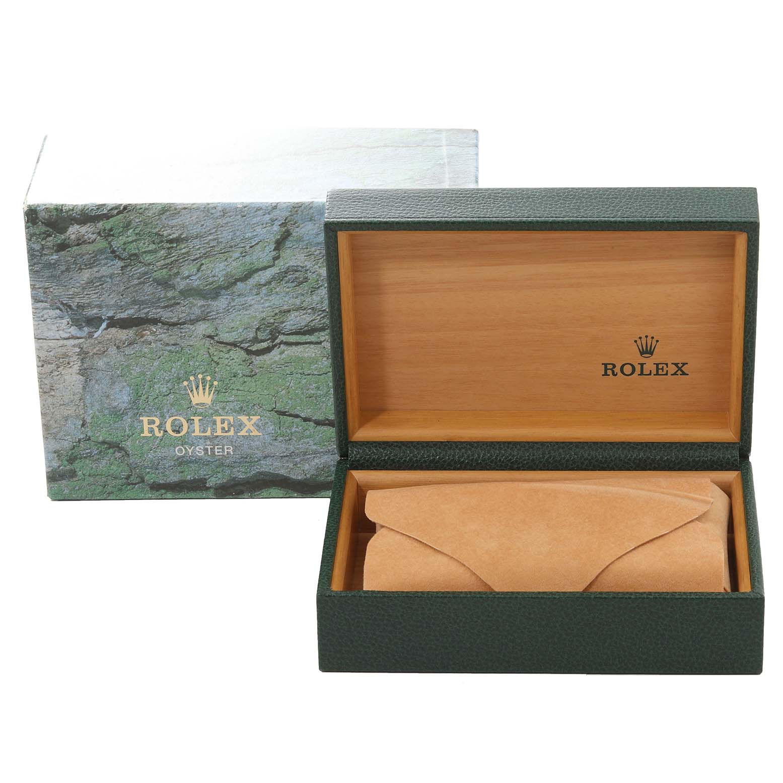 The image shows the open packaging box for a Rolex Datejust 16234 Men's Stainless Steel Pink Dial 16234 Men's Stainless Steel Pink Dial watch, including an outer box and an inner leather case.