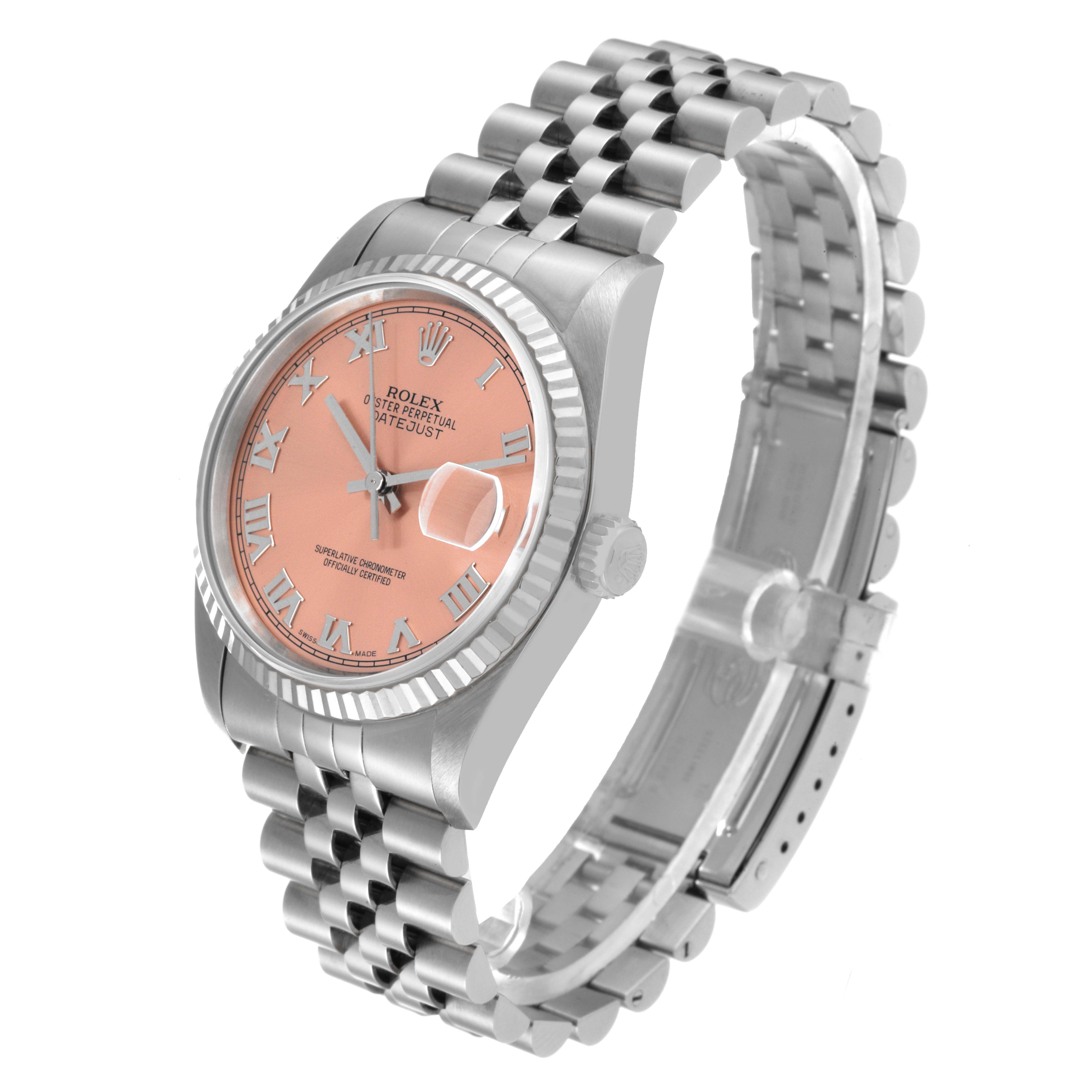 This image shows a Rolex Datejust 16234 Men's Stainless Steel Pink Dial 16234 Men's Stainless Steel Pink Dial watch at a three-quarter angle, highlighting its face, bezel, crown, and Jubilee bracelet.