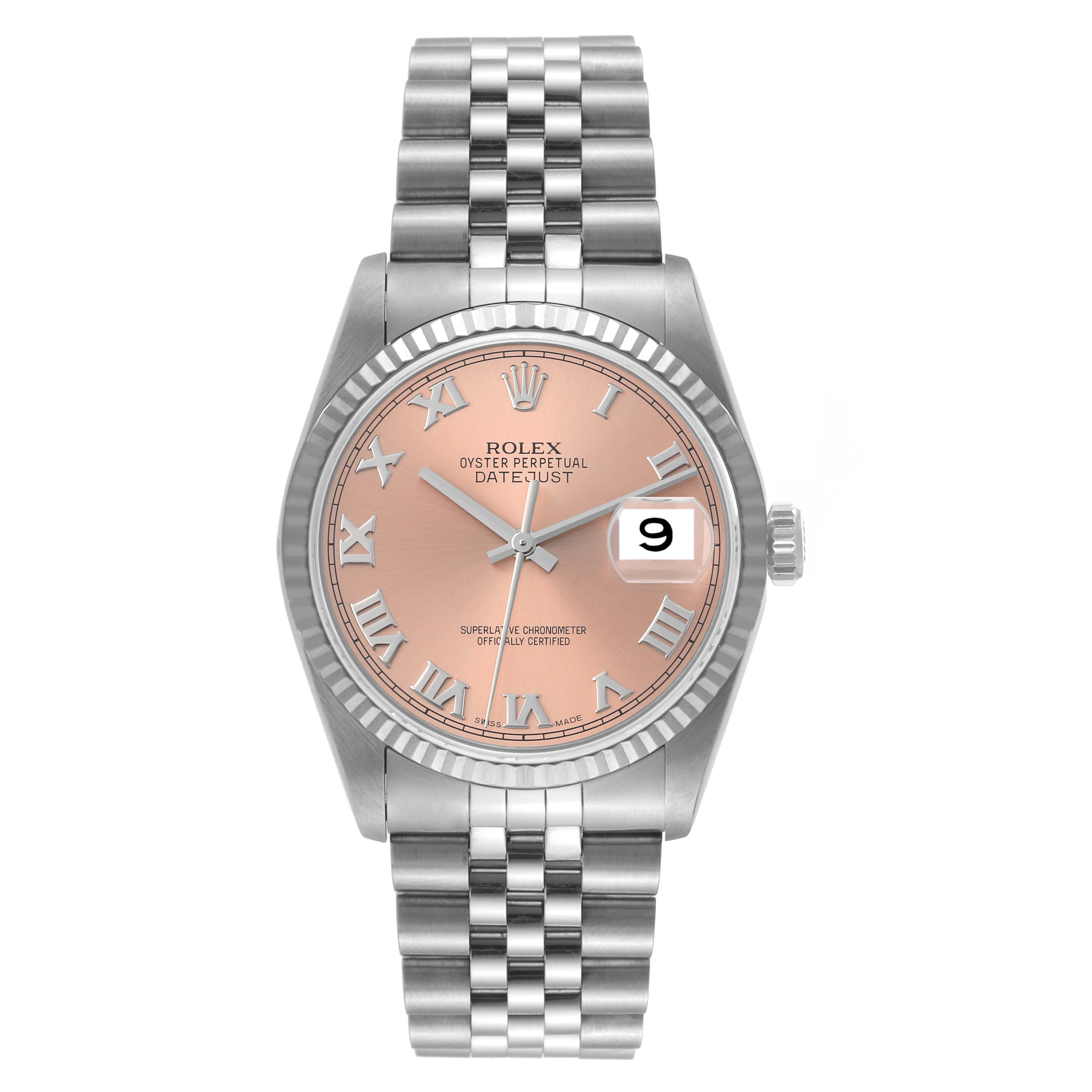 The Rolex Datejust 16234 Men's Stainless Steel Pink Dial 16234 Men's Stainless Steel Pink Dial watch in the image is shown from a front angle, displaying the face, bezel, bracelet, and date window.
