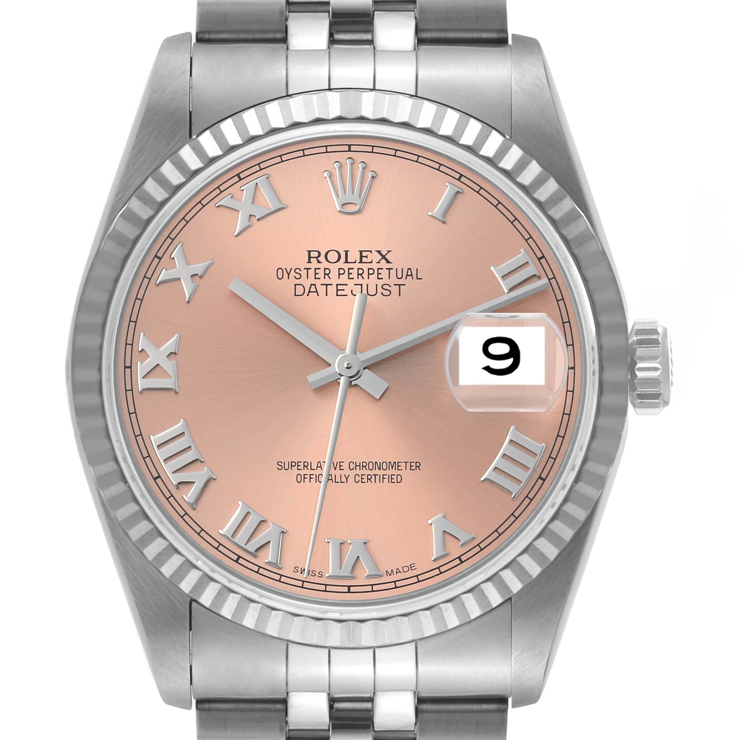 This image shows a close-up of the Rolex Datejust 16234 Men's Stainless Steel Pink Dial 16234 Men's Stainless Steel Pink Dial watch, highlighting its dial, fluted bezel, and part of the bracelet.