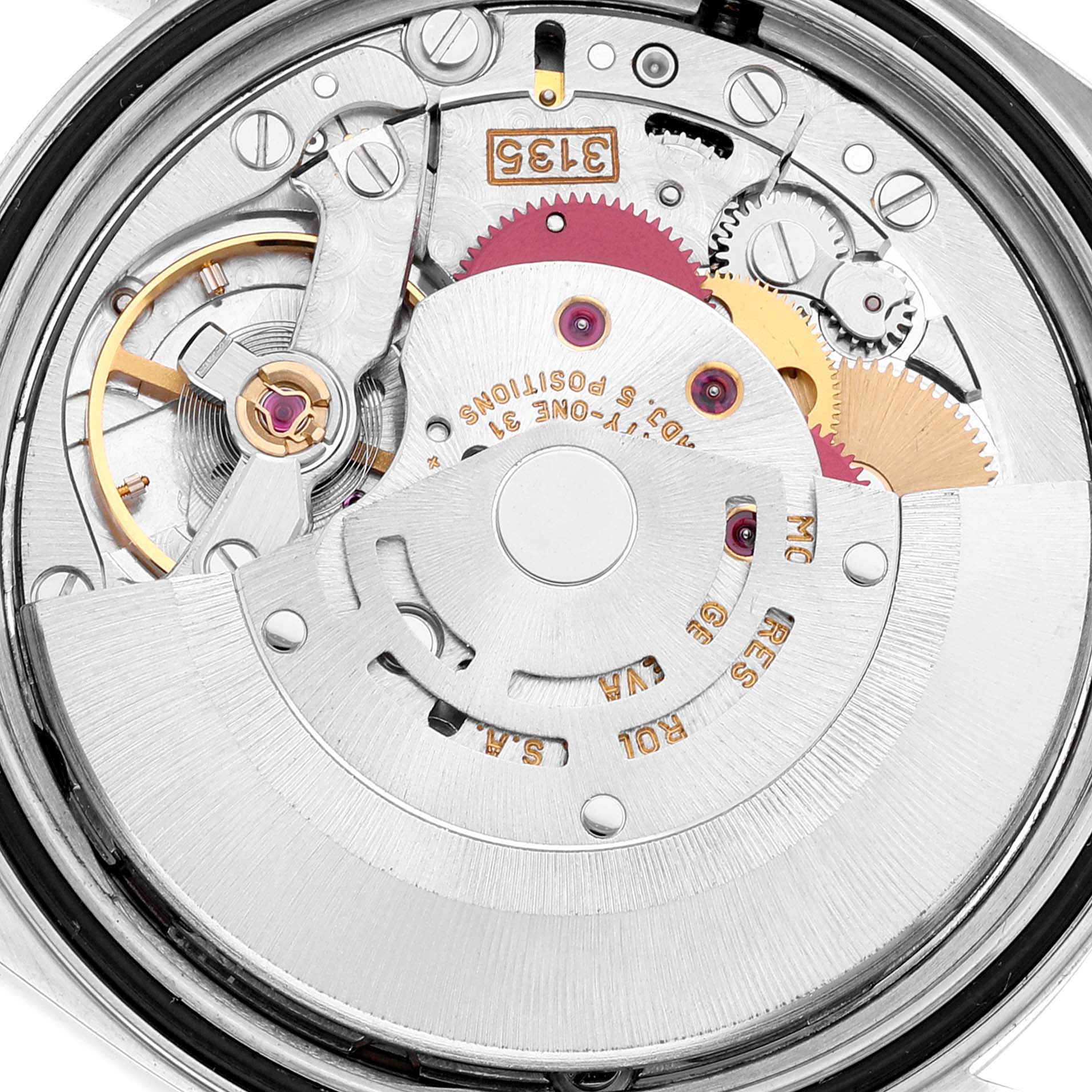 This image shows a close-up view of the Rolex Datejust 16234 Men's Stainless Steel Pink Dial 16234 Men's Stainless Steel Pink Dial watch movement components.