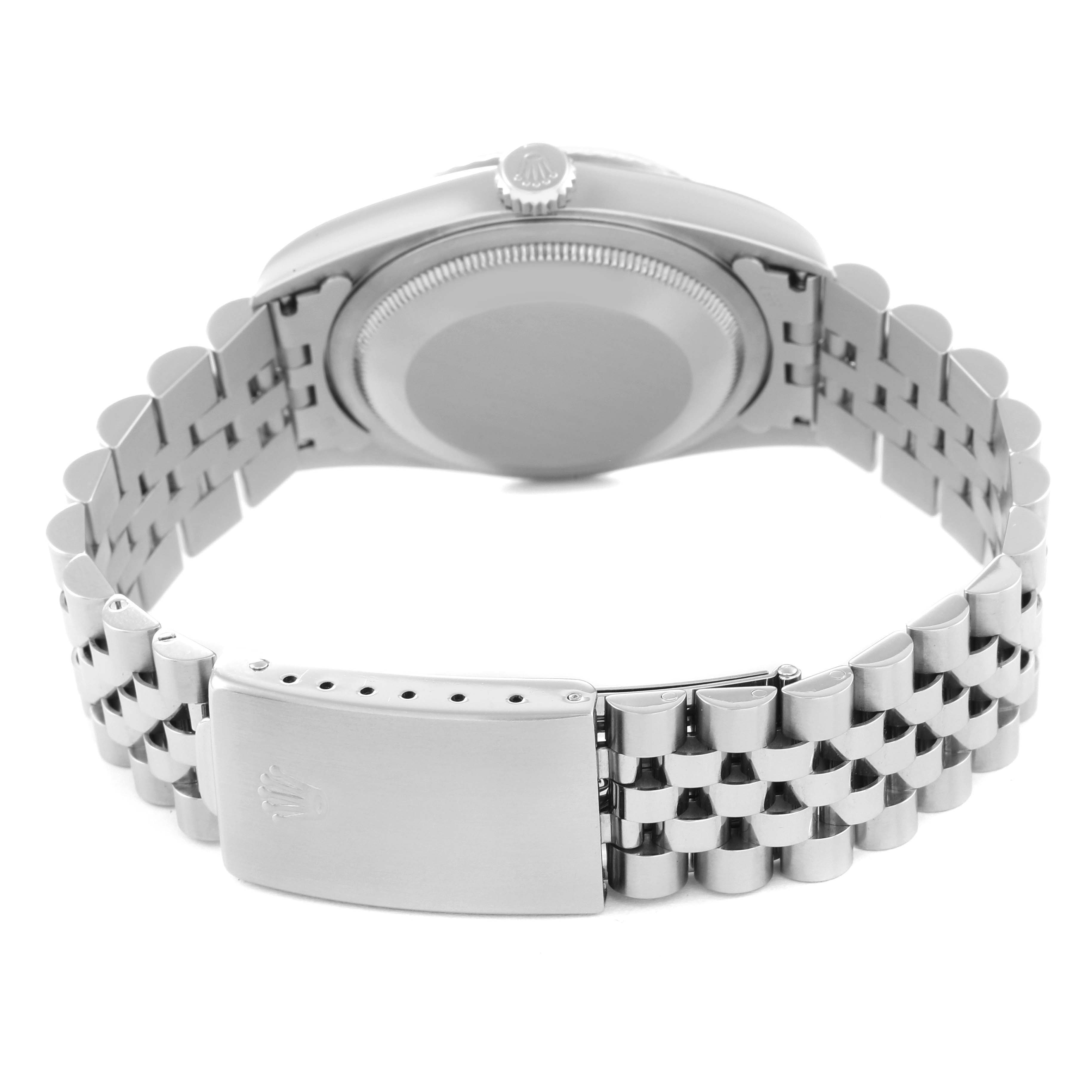 The image shows the back view of a Rolex Datejust 16234 Men's Stainless Steel Pink Dial 16234 Men's Stainless Steel Pink Dial model, highlighting the case back and Jubilee bracelet with the clasp.