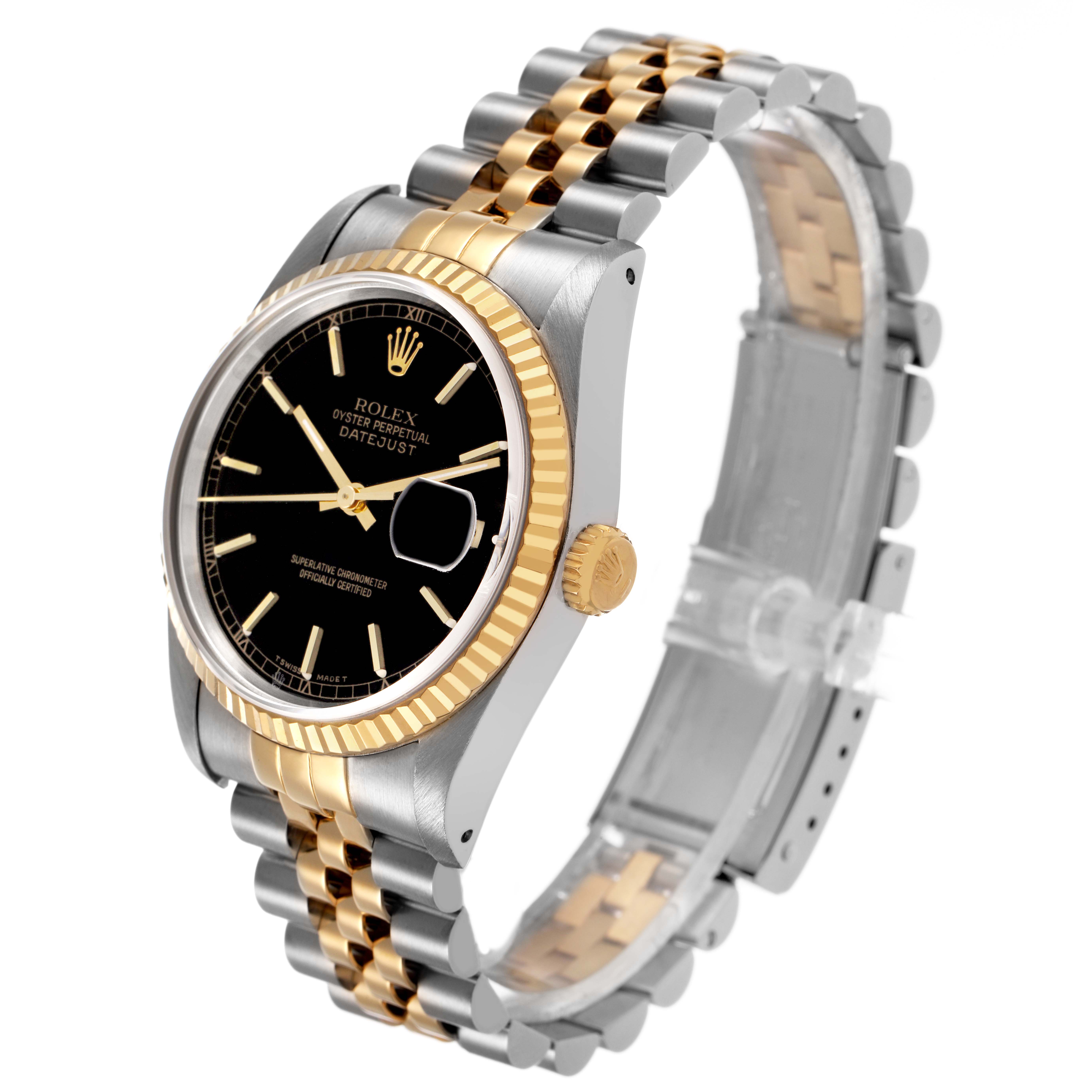 The Rolex Datejust 16233 Men's Steel and Gold (two tone) Black Dial watch is shown at a three-quarter angle, highlighting the black dial, fluted bezel, and two-tone bracelet.