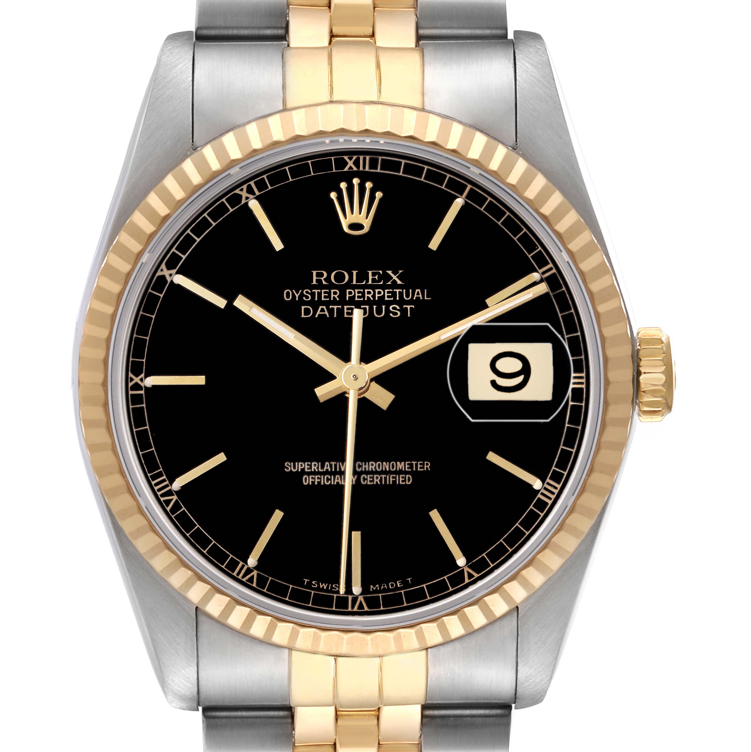 The Rolex Datejust 16233 Men's Steel and Gold (two tone) Black Dial watch is shown from the front, highlighting the dial, fluted bezel, and part of the bracelet.