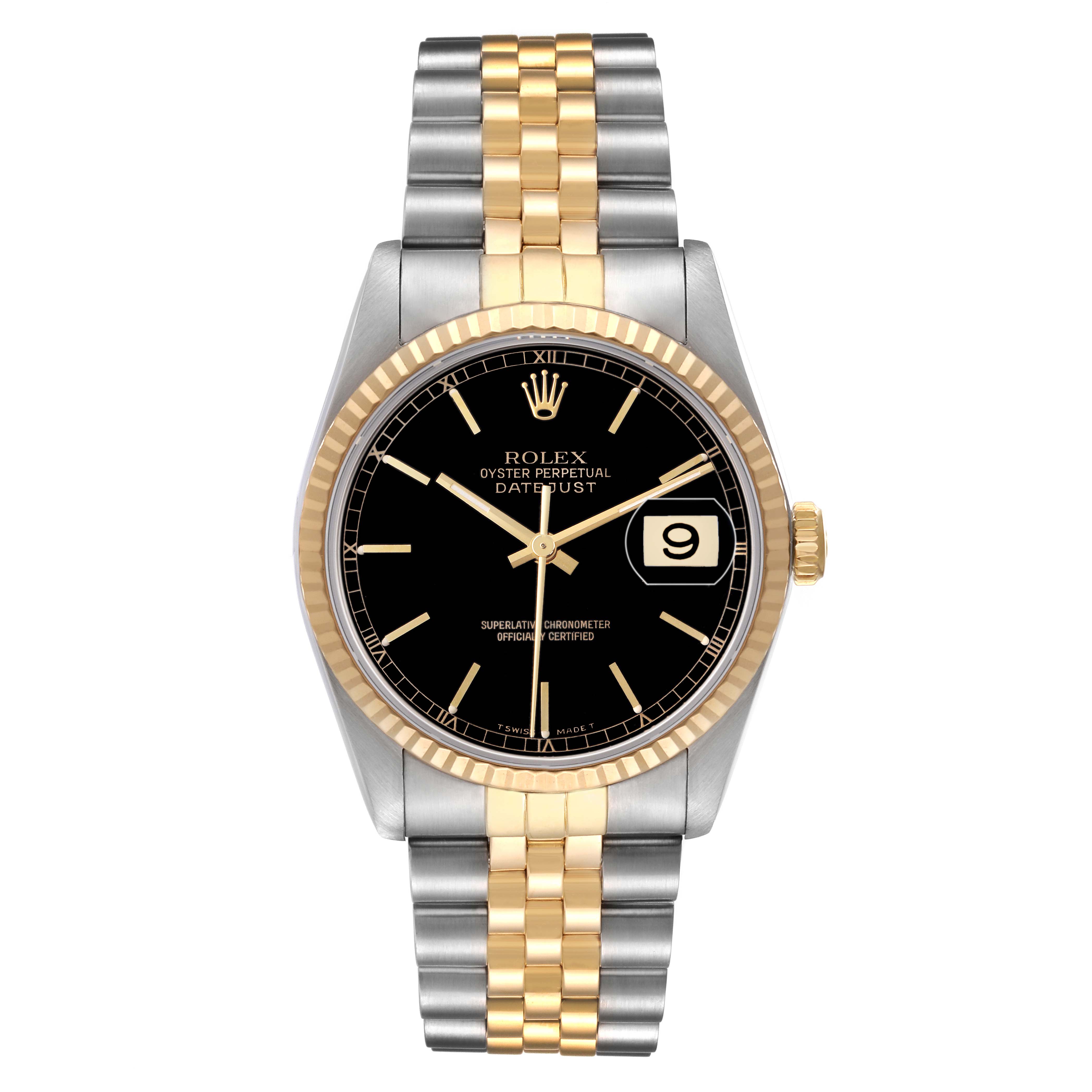 The Rolex Datejust 16233 Men's Steel and Gold (two tone) Black Dial watch is shown from a front angle, displaying the dial, bezel, bracelet, and crown clearly.